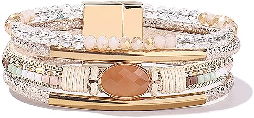 FANCY SHINY- Pulseras de cuero de la envoltura de cuentas de cristal de la pulsera Boho Cuff piedra, dije, pulseras con cierre magnético de joyería
