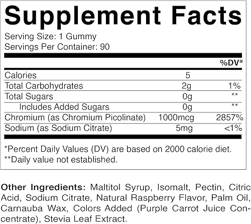 Miniatura 2 de Vitamatic - 2 paquetes de picolinato de cromo de 1000 mcg, 90 gomitas de cromo de alta potencia, sabor a frambuesa (total de 180 gomitas)