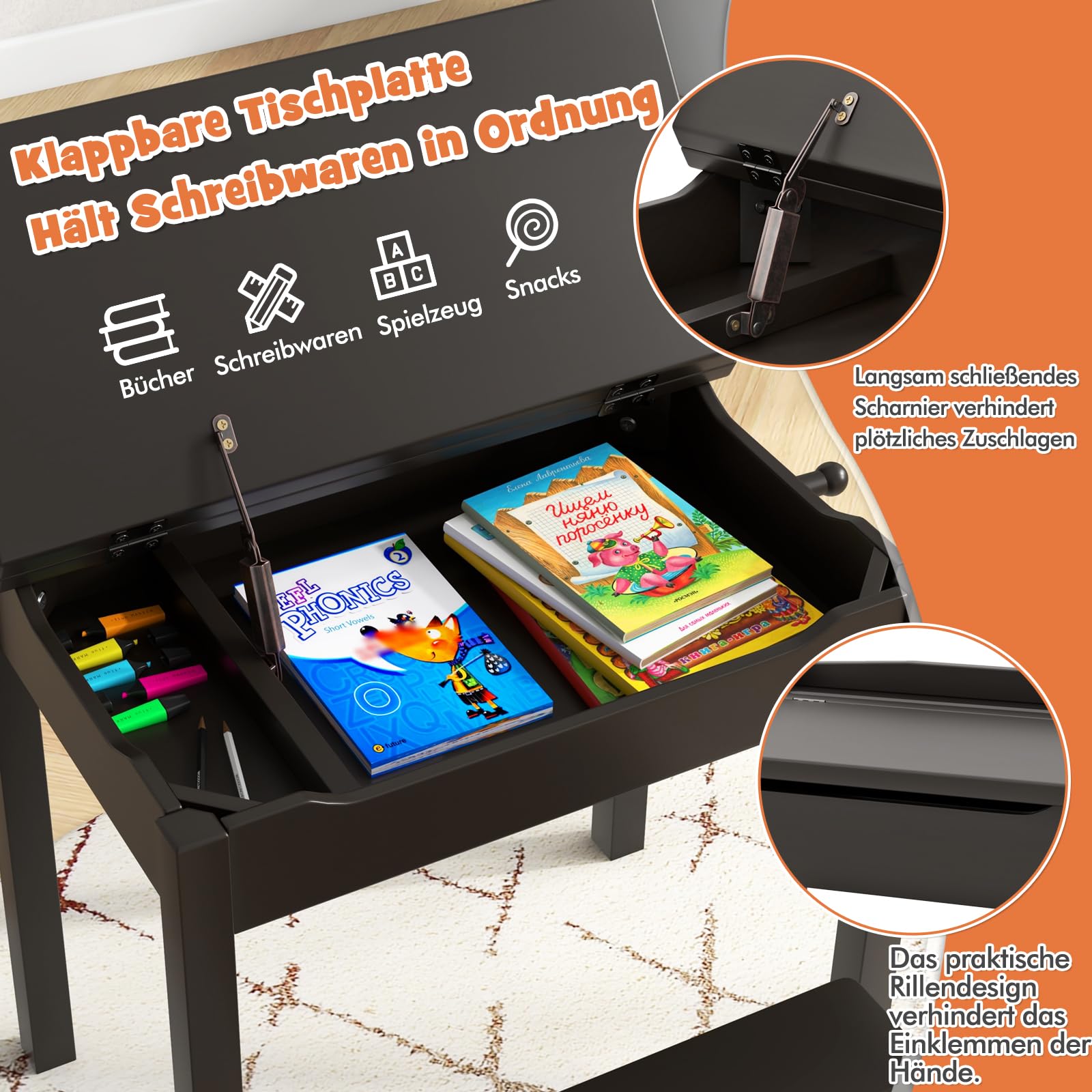 COSTWAY Kindertisch mit Stuhl, Schreibtisch aus Massivholz mit klappbarer Tischplatte, Schublade & Haken, Aktivitätstisch Kindersitzgruppe mit Stauram für Kinder ab 3 Jahren (Mit Box,Braun)