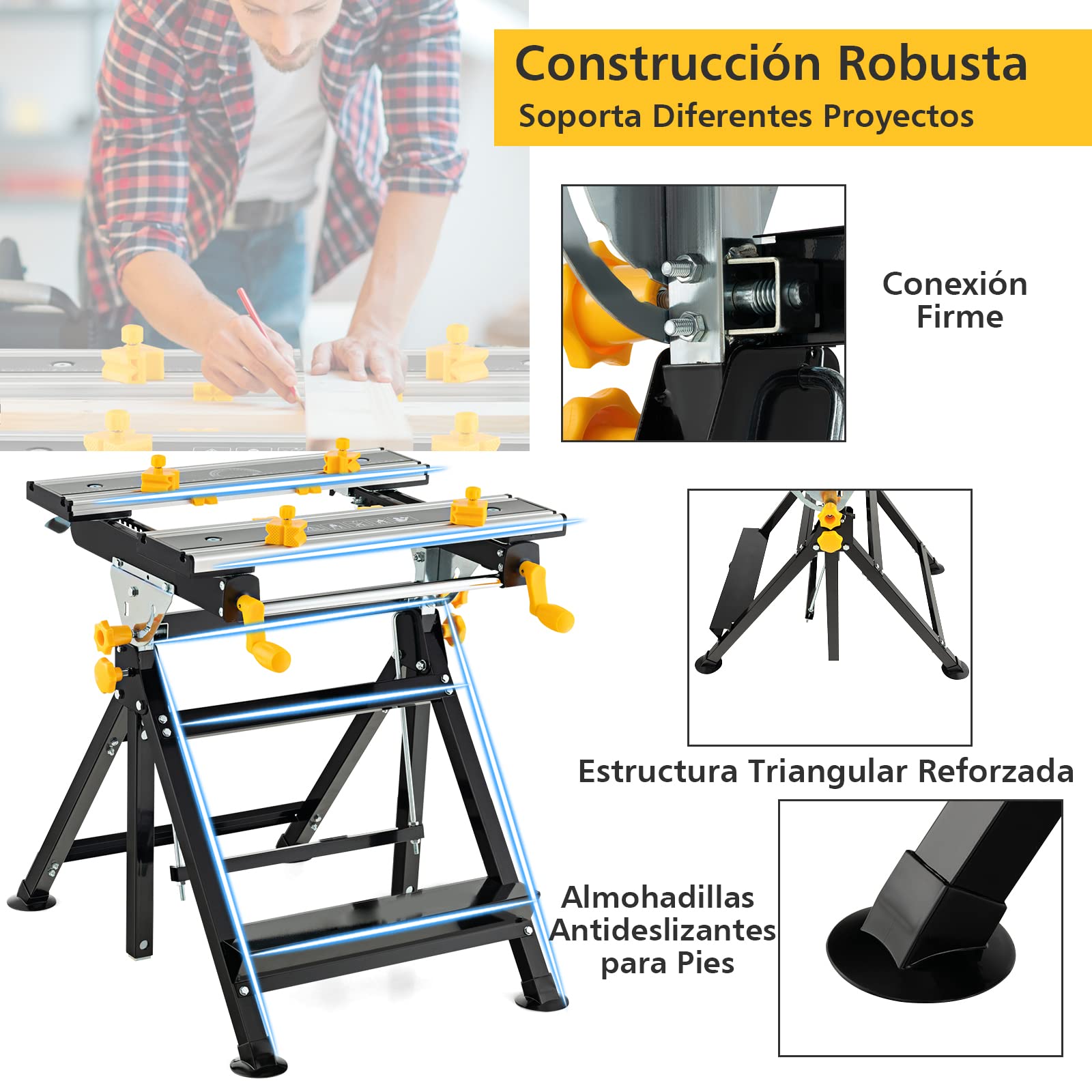 COSTWAY Mesa de Trabajo Plegable, Banco de Trabajo Portátil con Plataforma Inclinable y Altura Ajustable en 7 Niveles, Estación Multifuncional de Alumnio con 8 Abrazaderas, 2 Asas