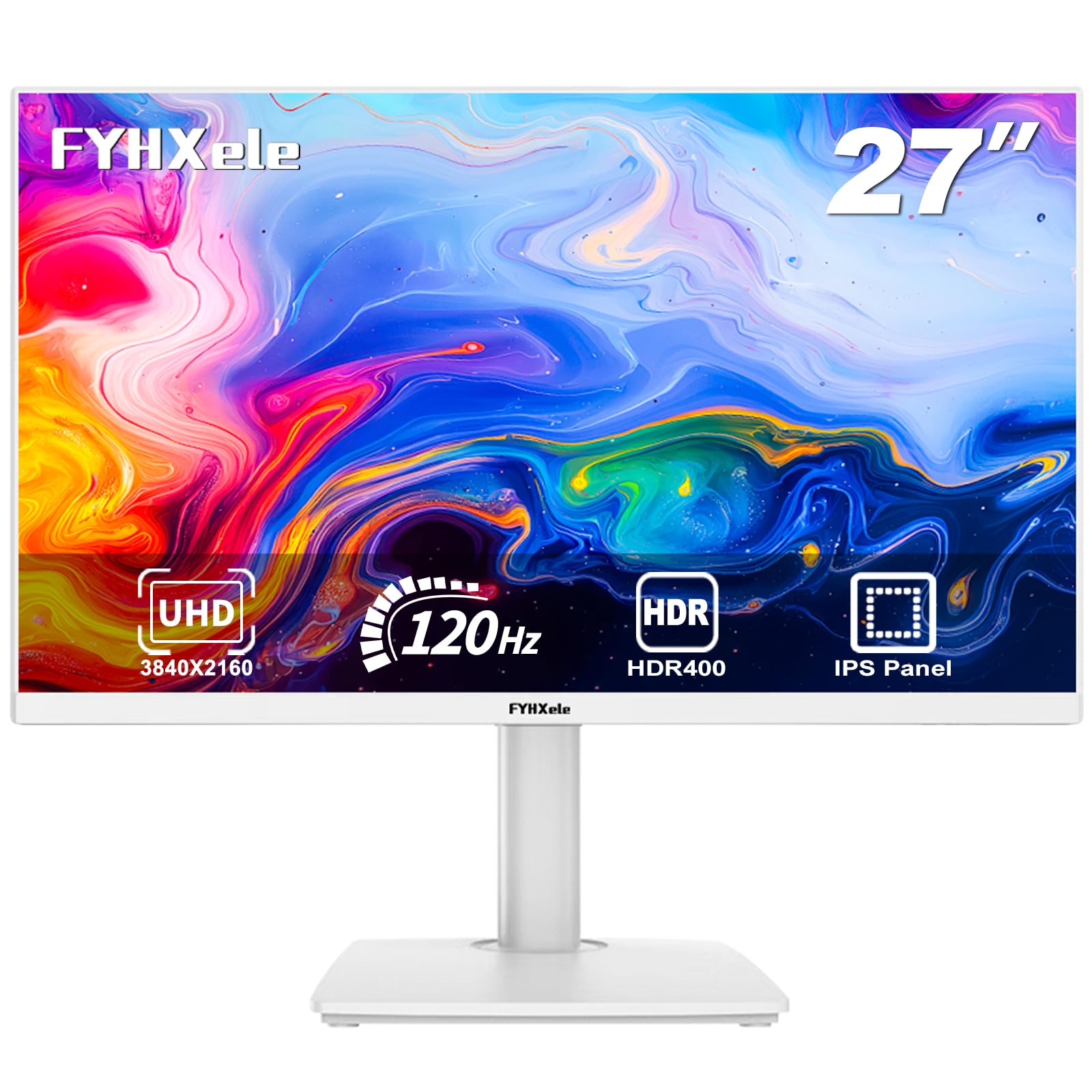 FYHXele Monitor de jogos 4K de 68.6 cm, UHD 3840x2160 Fast IPS Panel Computer PC, 120Hz, 100% sRGB, FreeSync e G-Sync, suporte HDR 400, HDMI 2.1 e DP 1.4, VESA montável - branco