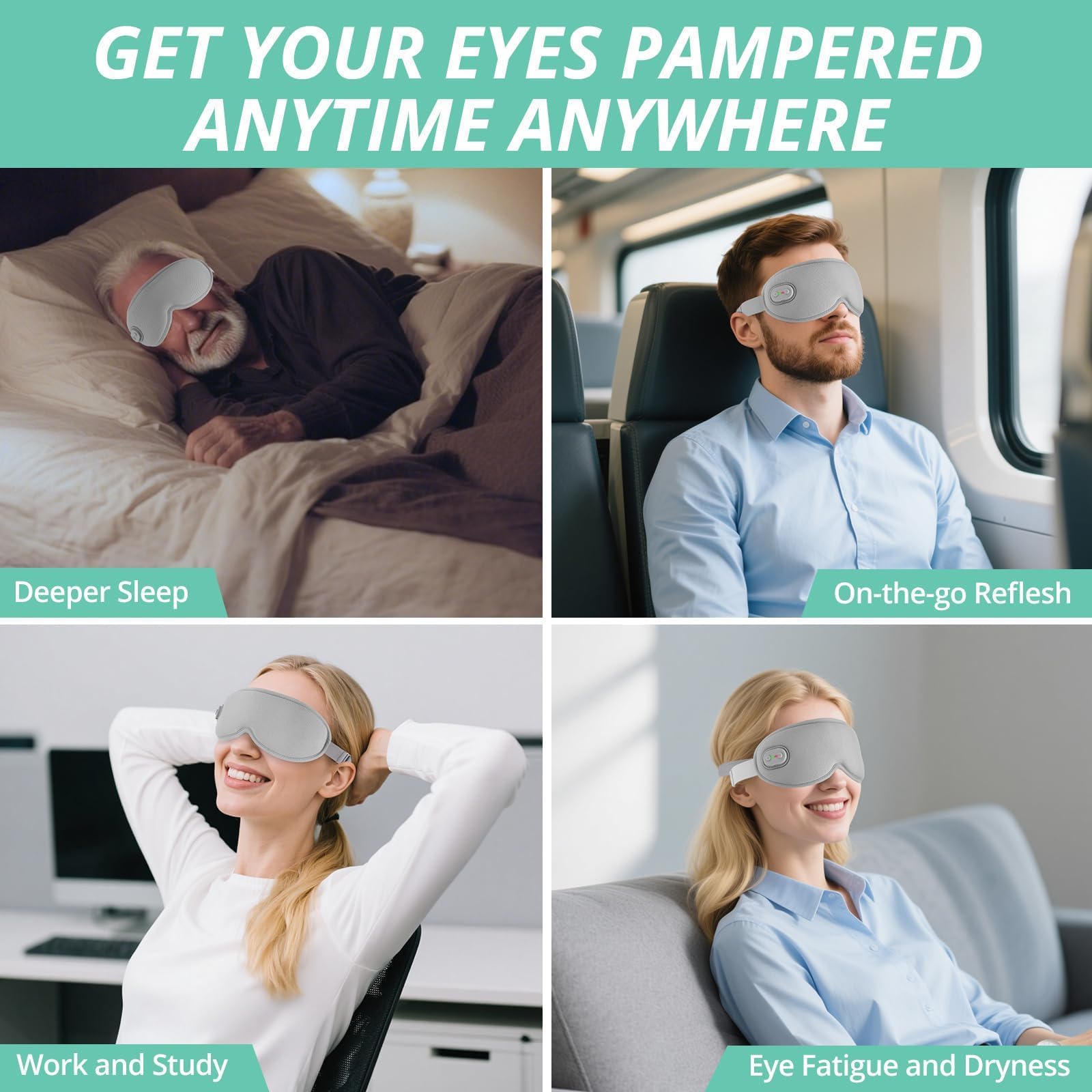 VINTEAM Maschera Occhi Riscaldante Wireless, 3 Livelli Temp/Tempo Regolabili, Design 3D Senza Pressione, 1200mAh 99g Leggera, per Rilassamento Occhi/Fatica Oculare a Casa/Ufficio/Viaggio