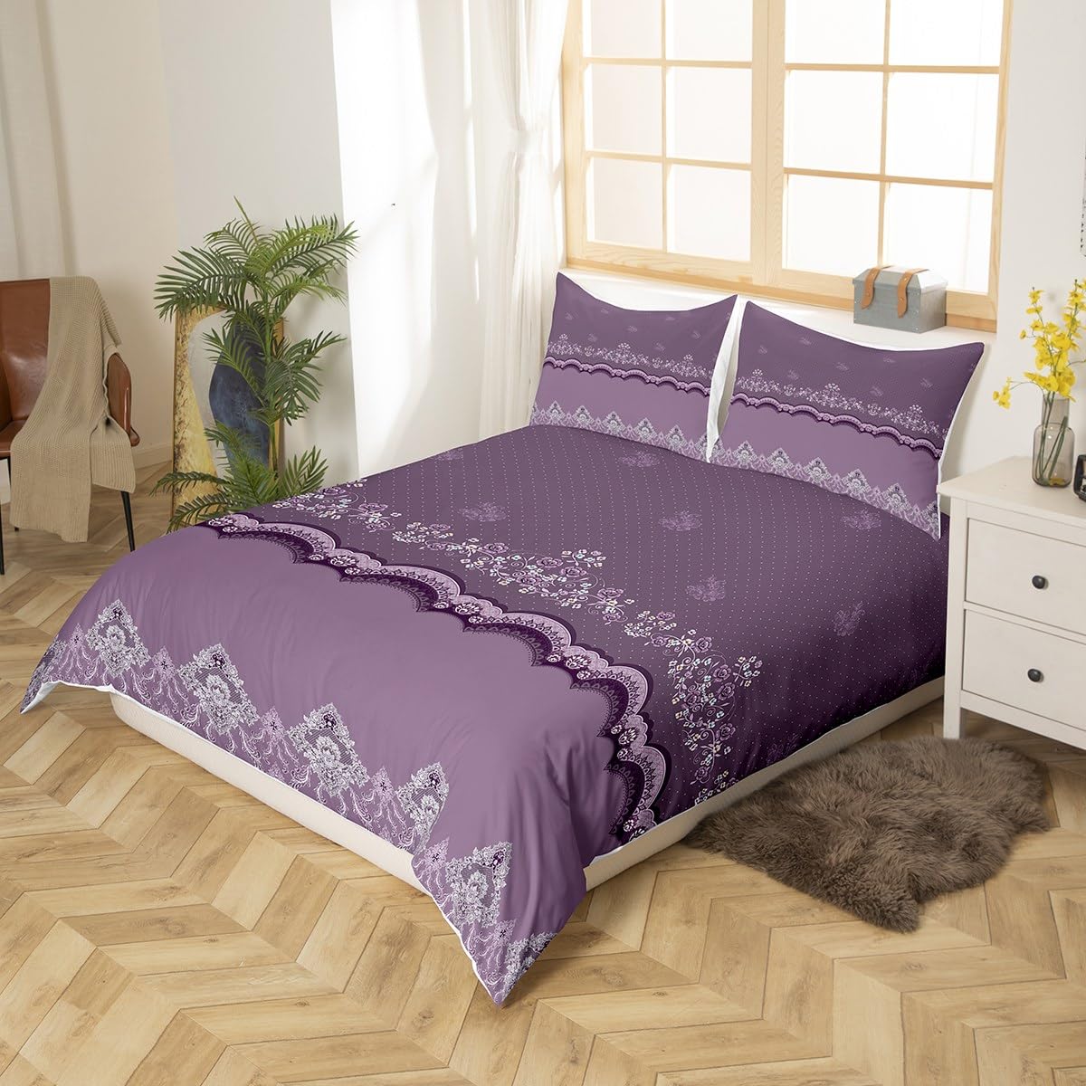 Purple Floral Lace Duvet Cover Set King Size with 2 Pillow Shams,Classic Luxury Design Bedding Sets with Zipper and Corner Ties ,Soft Comforter Microfiber Quilt Cover Set Women Girls 3pcs(220x240cm) - Image 2