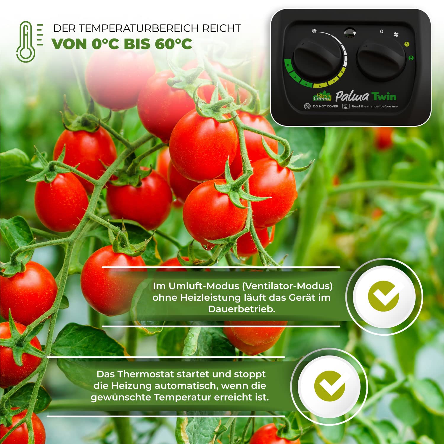 Bio Green Elektro-Gewächshausheizung Palma Twin mit manuellem Thermostat | 2 x 1000 Watt | 163 m³/h Luftumwälzung | Umluft-Modus | Edelstahl-Gehäuse