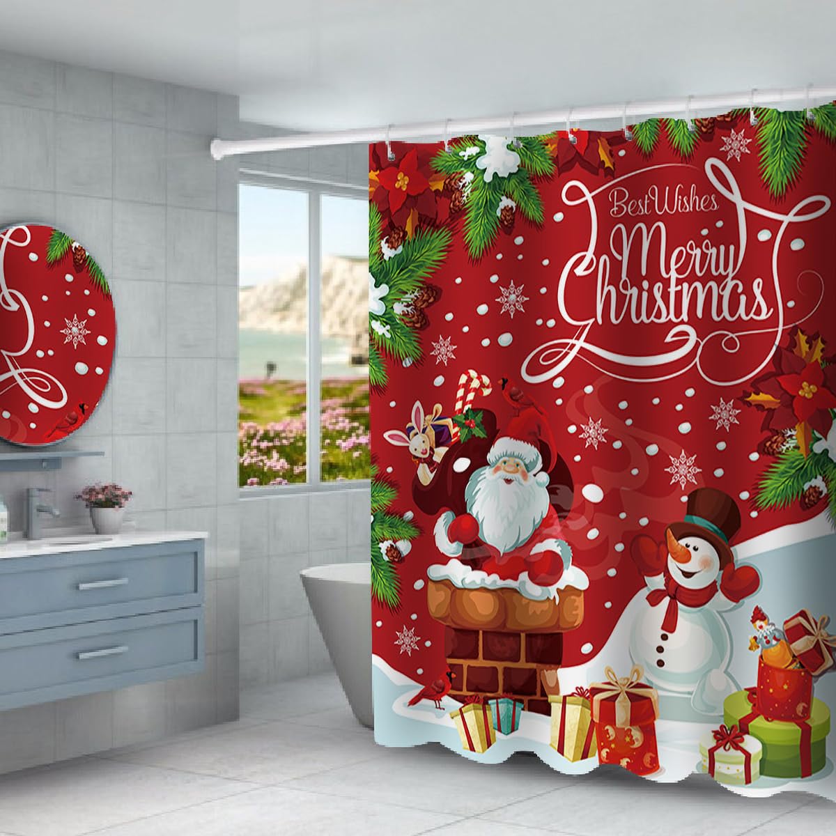 DDS-DUDES Christmas Shower Curtain for Bathroom Xmas Snowman Shower Curtains with 12 Hooks, Christmas Balls Shower Curtain for Bathroom 71x71inches