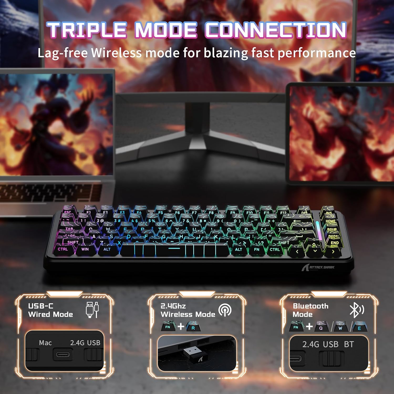 Attack Shark X82PRO HE 75% Wireless Rapid Trigger Gaming Keyboard, Hall Effect Magnetic Switch Keyboard with 0.01mm RT Adjustable Actuation, 8Khz Polling Rate, Hot-Swap, RGB, for PC Gamer (Black)