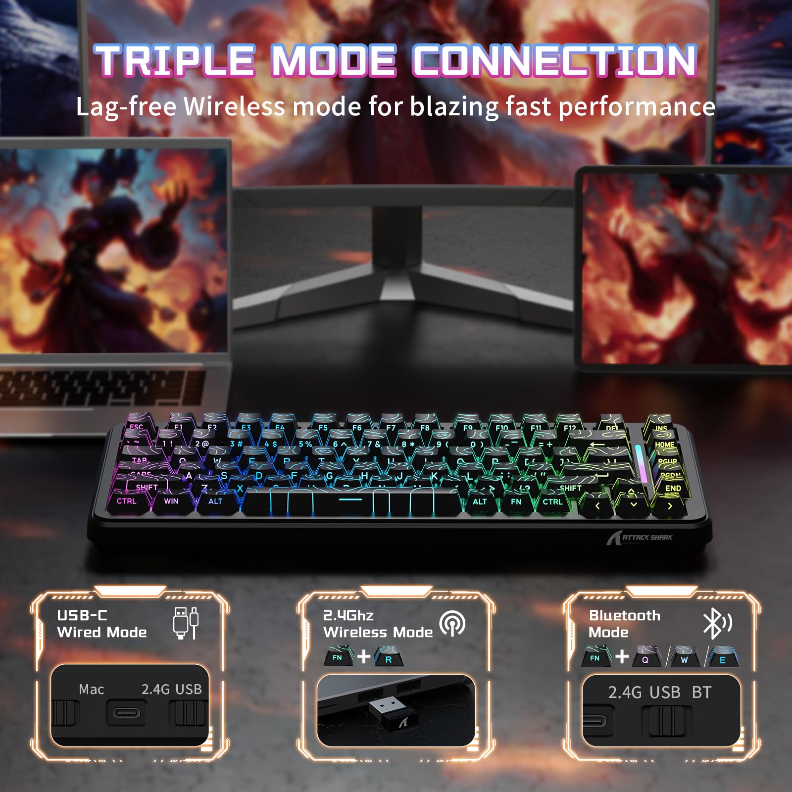 ATTACK SHARK X82PRO HE 75% Wireless Rapid Trigger Gaming Keyboard, Hall Effect Magnetic Switch Keyboard with 0.01mm RT Adjustable Actuation, 8Khz Polling Rate, Hot-Swap, RGB, for PC Gamer (Black)