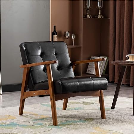 Amazon Com Artechworks Retro Pu Leather Upholstered Lounge Wooden Arm Chair For Living Room Bedroom Apartment Modern Black Pu Kitchen Dining