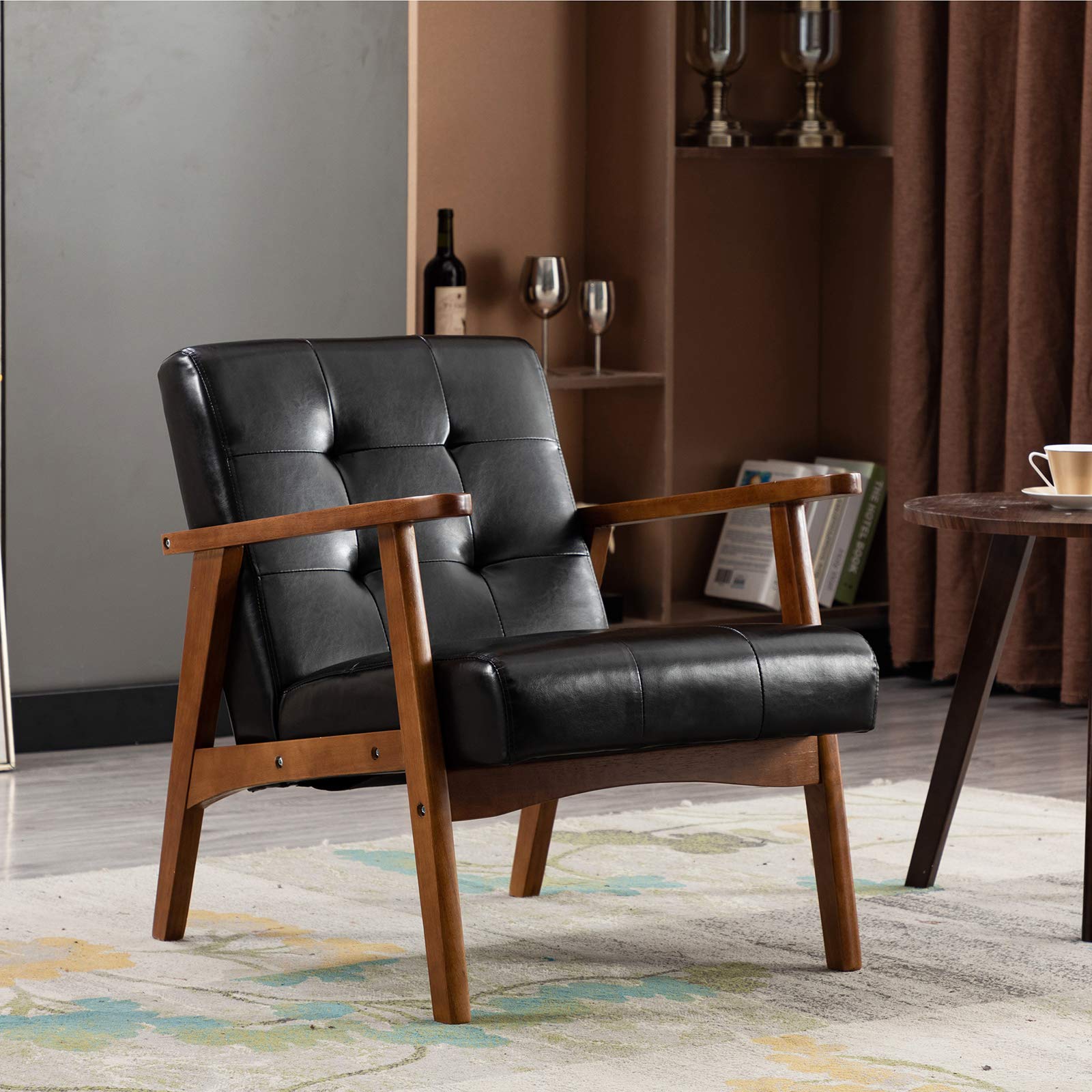 Artechworks Retro Pu Leather Upholstered Lounge Wooden Arm Chair