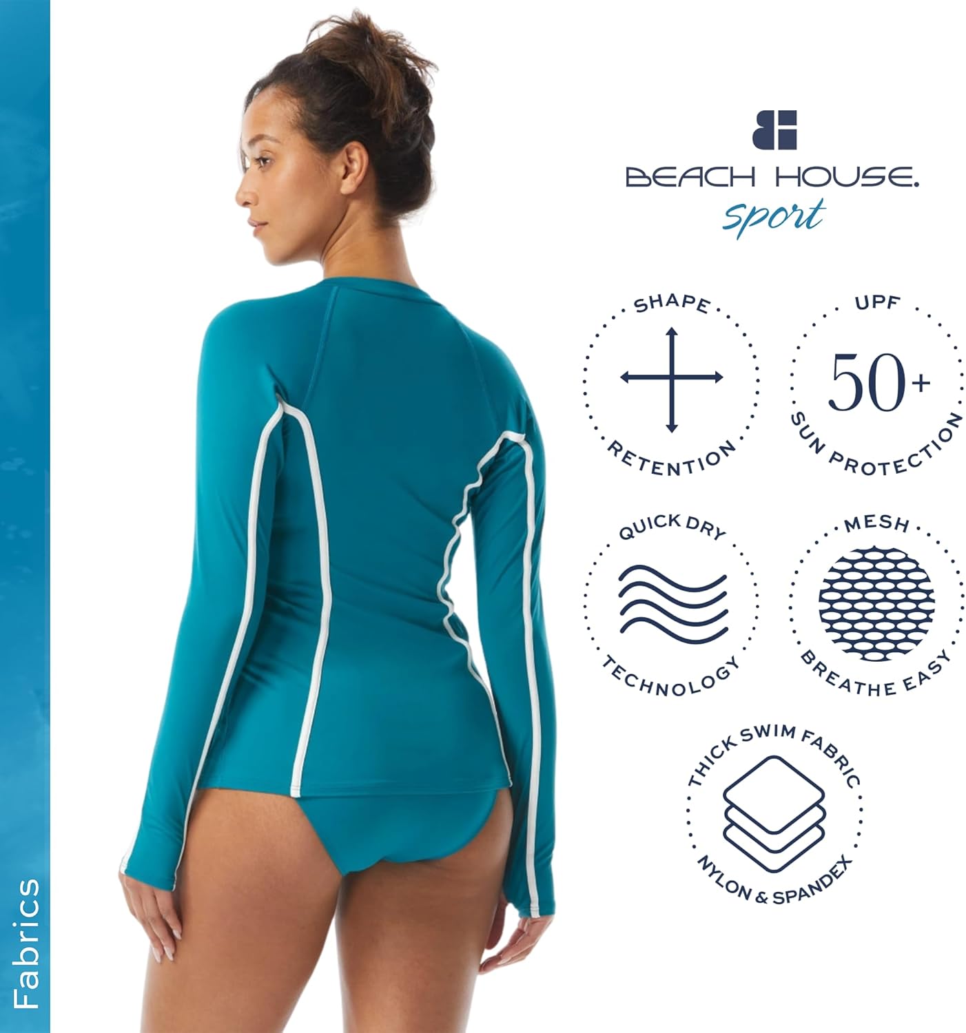 BEACH HOUSE Long Sleeve Rash Guard — 50+ UPF Swimsuit Jacket — Lagoon Green with Piping, Small