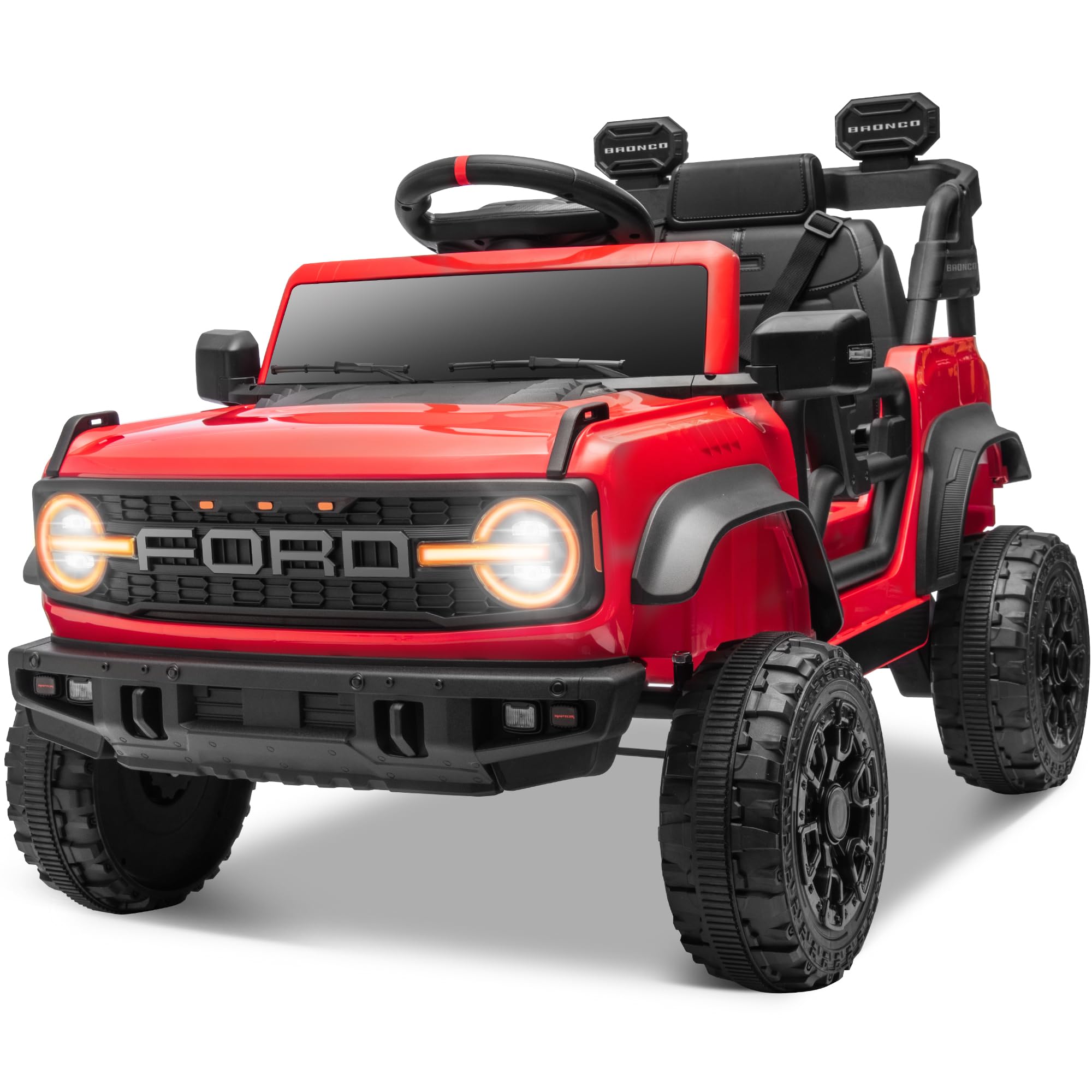 ENYOPRO 12V Kids Ride On Car with Remote Mode, Licensed Ford Bronco Raptor Electric Car for Toddlers, Battery Powered Ride On Toy Truck w/2 Speed, Working Headlights, Music Player, Radio (Red)