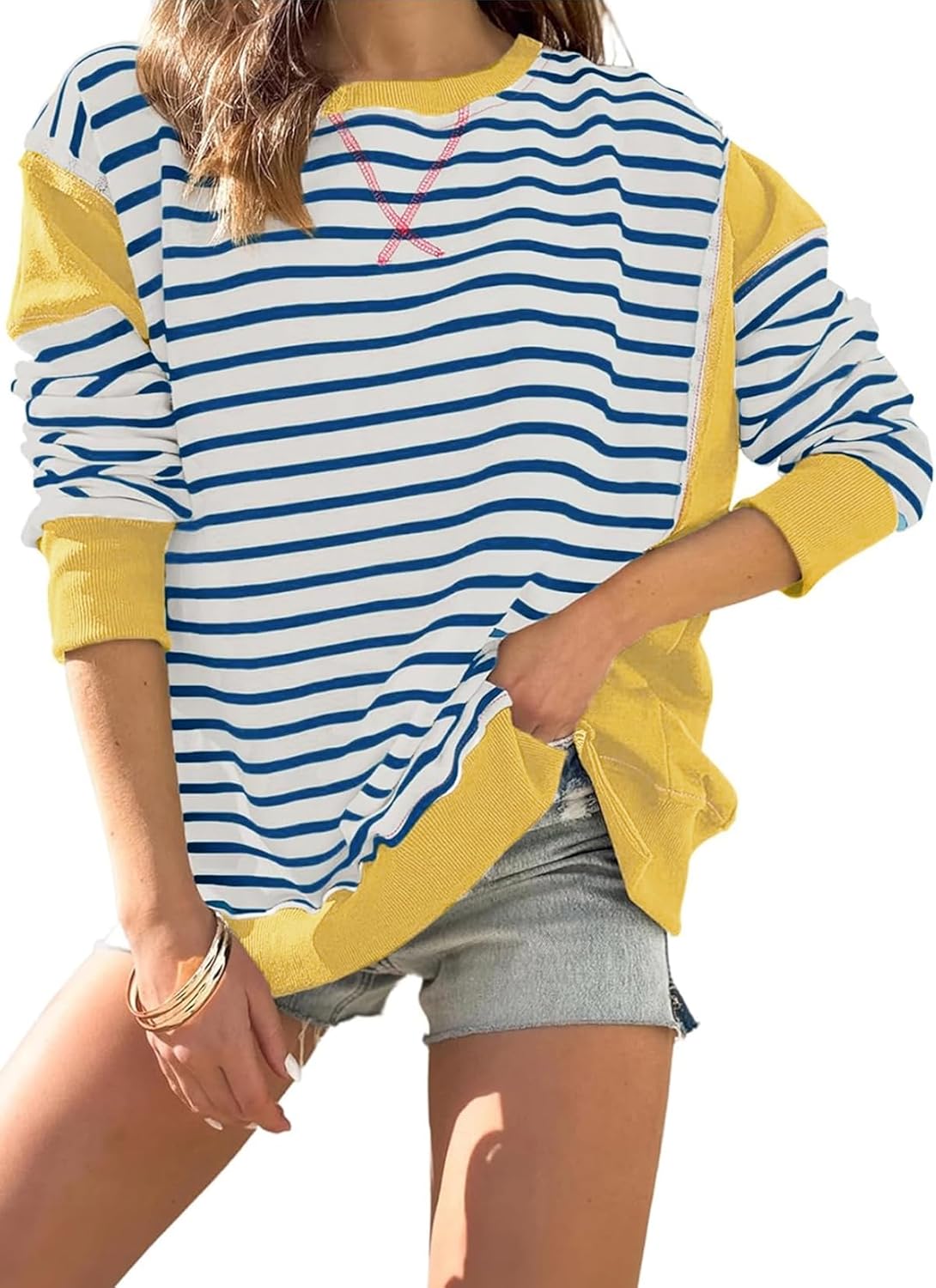 SHEWIN Womens Casual Striped Color Block Long Sleeve Crewneck Sweatshirts Pullover Tops, S-XXL