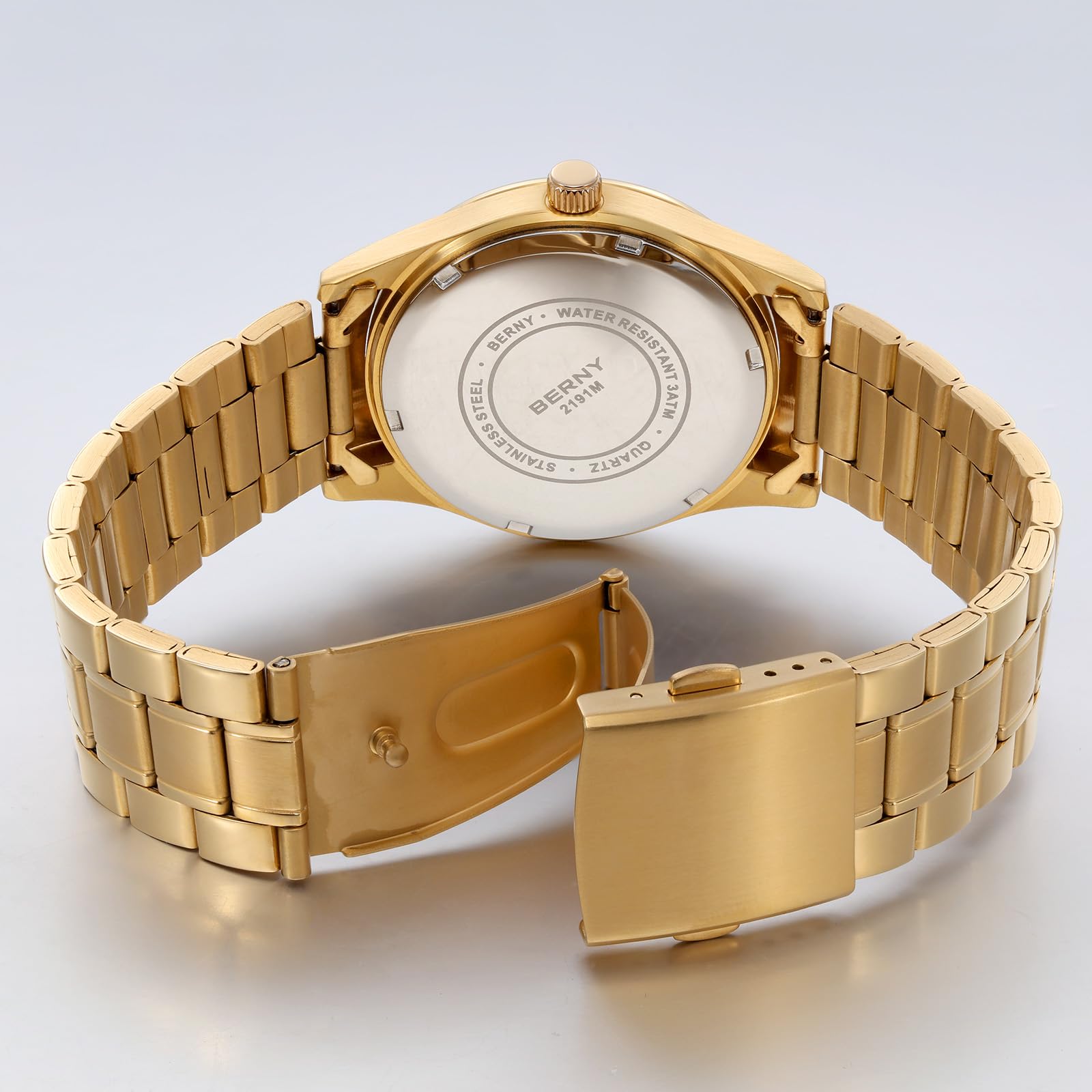 BERNY Orologio da uomo in oro con fasi lunari, orologio da polso al quarzo, multifunzione, facile da leggere, quadrante con numeri arabi, quadrante analogico, cassa in acciaio inox, sub-dail con data