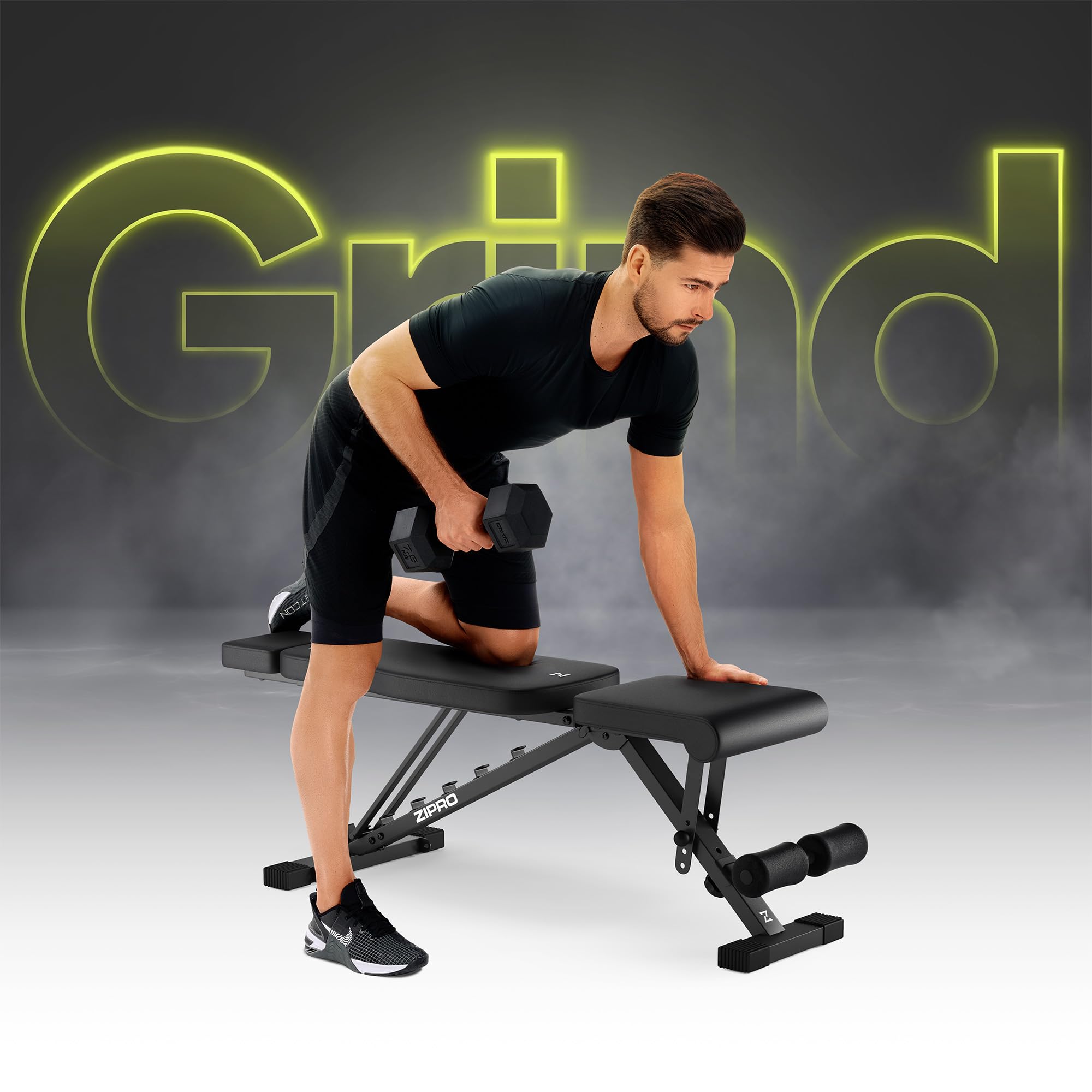 ZIPRO Banco Plegable de Musculación Ajustable Fitness Gimnasio Soporte hasta 300 kg con Respaldo y Asiento 7x Posiciones Equipo Entrenamiento Home Gym Fitness Doméstico Gimnasio – Grind Negro