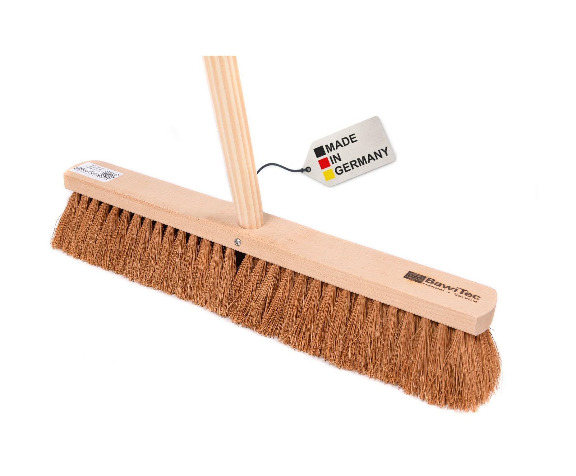 BawiTec Handwerkerbesen Industriebesen, 60cm Breit/Lang, mit Stielloch und Geräte-Holzstiel 140cm, Werkstattbesen mit Kokos-Naturfaser-Borsten, Saalbesen Besen mit Stiel(Besen 60cm / Stiel 140cm)