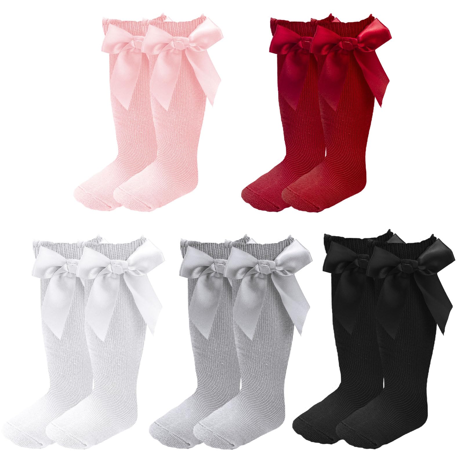 QKURT 5 Pares de Calcetines Hasta la Rodilla para Bebé Niña, Medias Suaves Tejidas para Niña, Calcetines Infantiles con lazo, Calcetines de Vestir de Algodón para Niños Pequeños