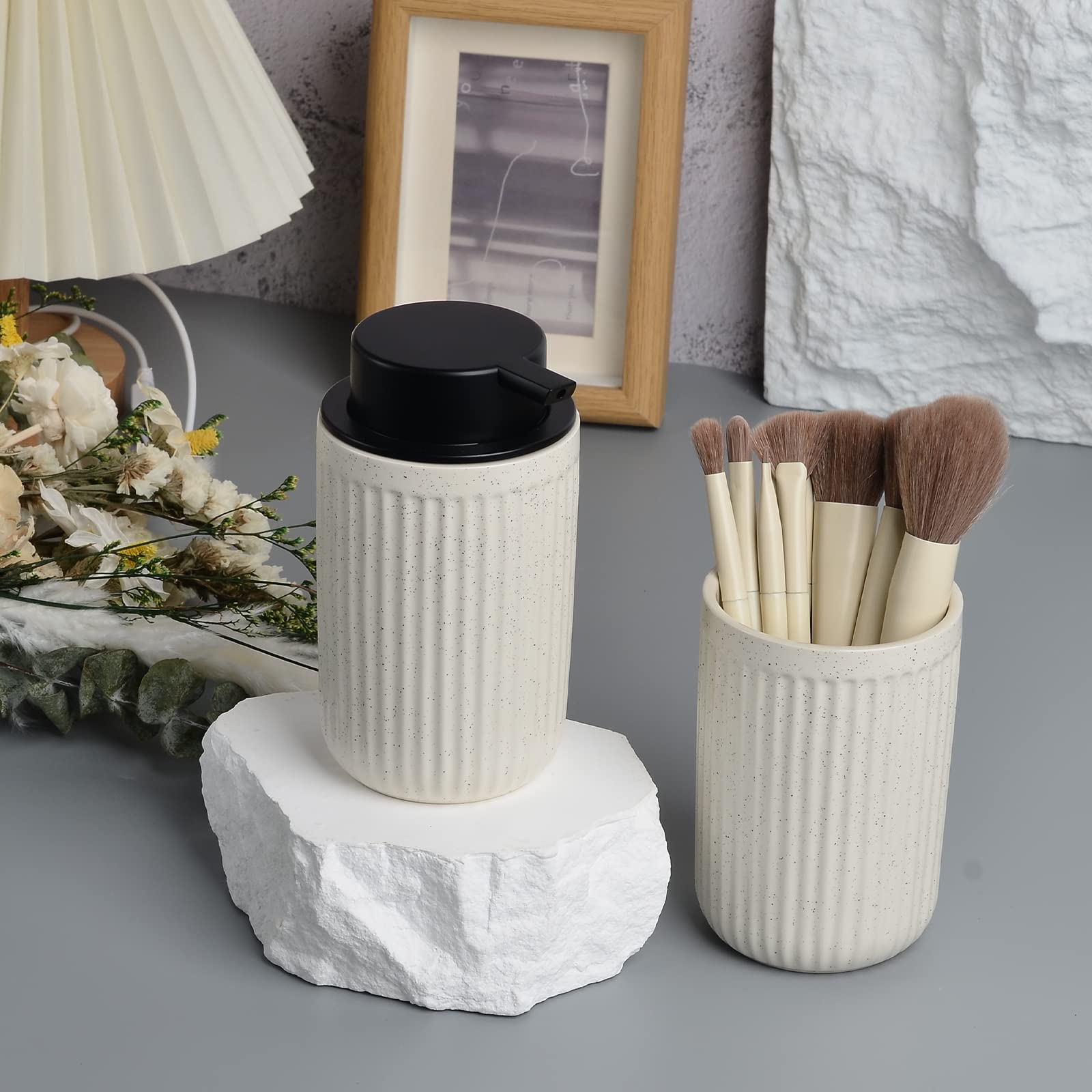 Photo 1 of BosilunLife Beige Soap Dispenser Set - 2 Pack 12oz Ceramic Soap Dispenser