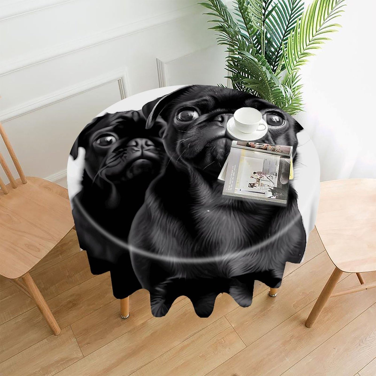 Cute Black Pug Dog Tablecloth Exquisite Wrinkle-Free Straight-Edge Round Table Cloth Anti-Fading Premium Polyester Tablecloth Waterproof Folding Table Cloths for Tables Decor
