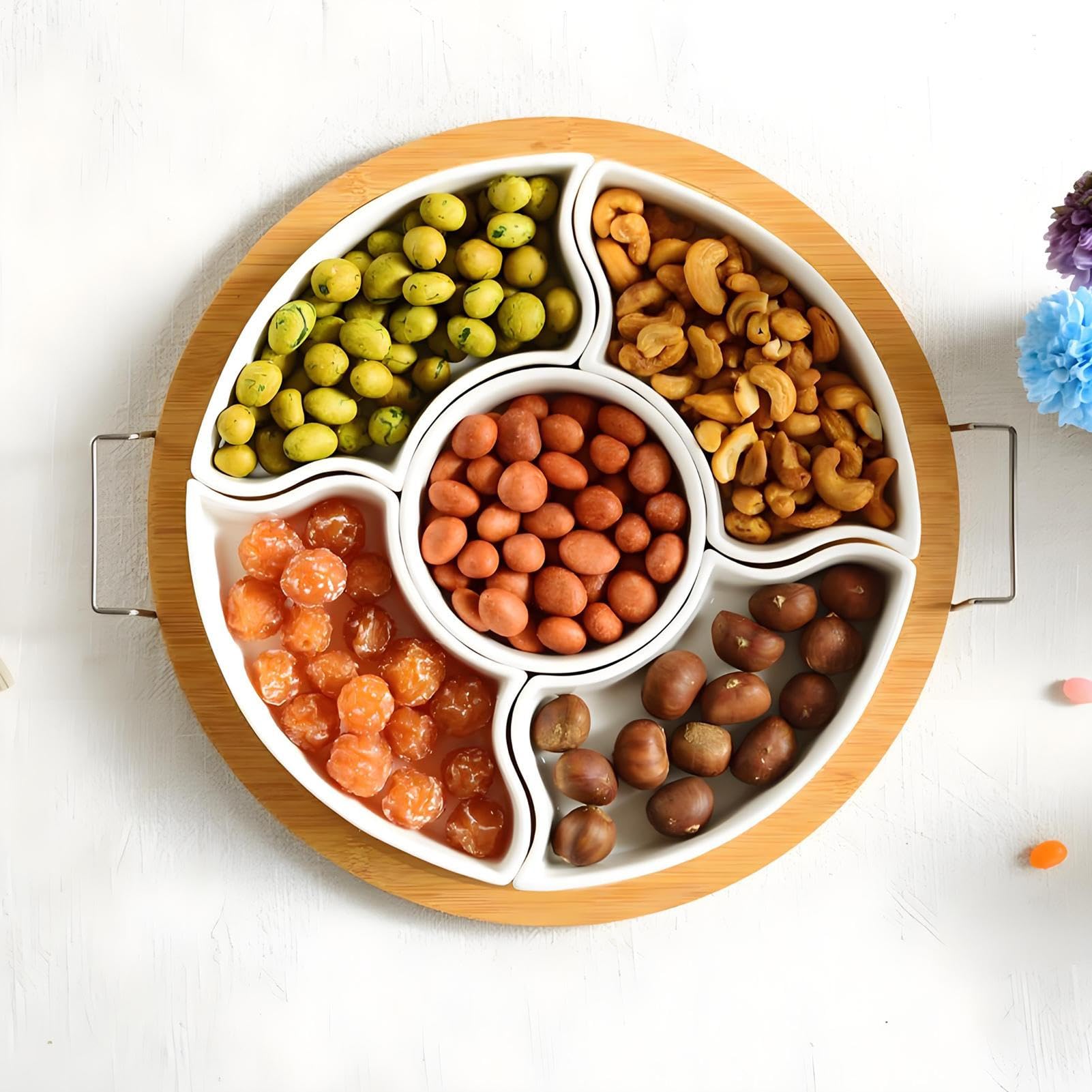 Assiette Snack Rotative Distributeur Amovible à 5 Compartiments | Service rotatif divisé avec poignée Bol rond apéritif chips dips fruits secs pour légumes charcuterie fromage et noix