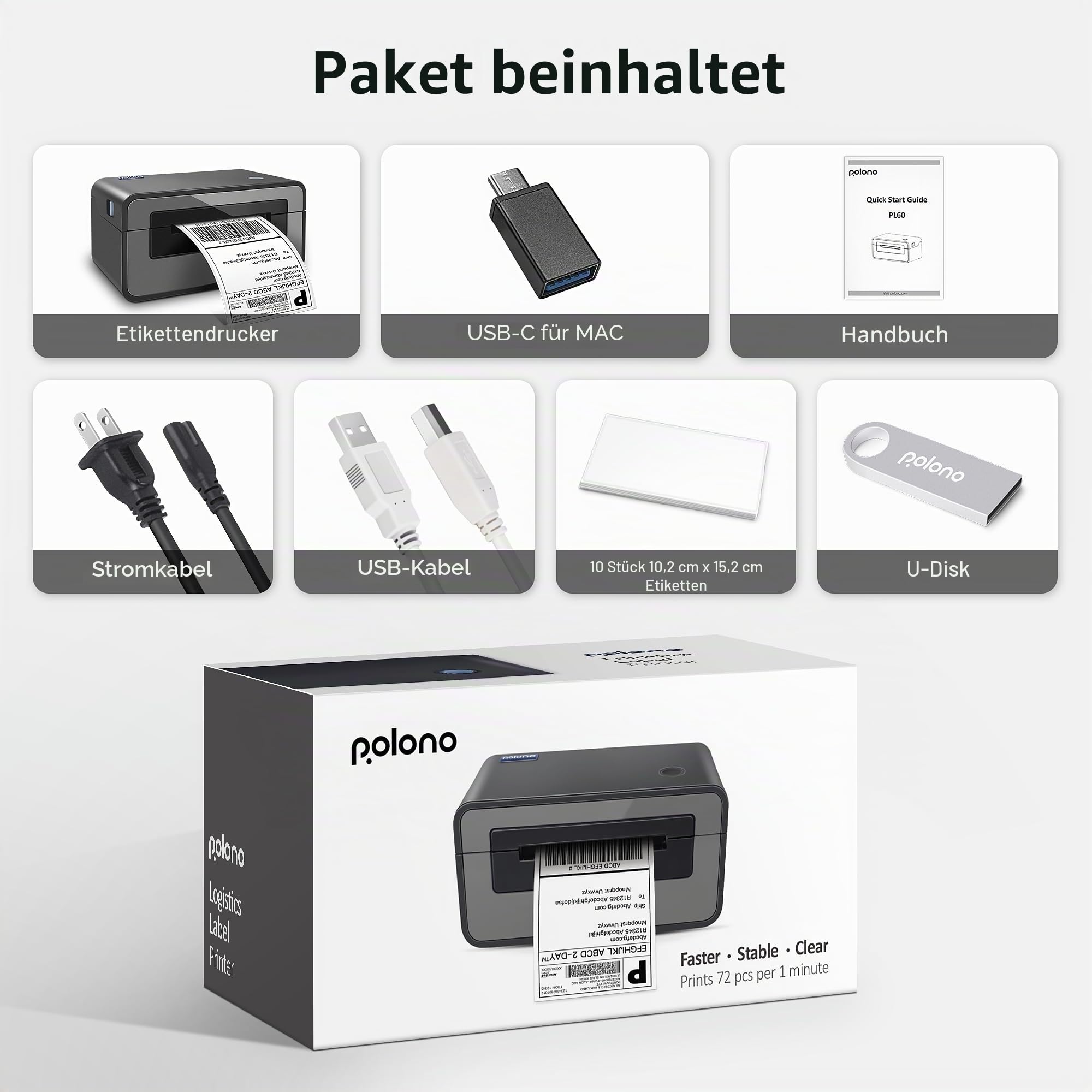 POLONO Etikettendrucker, DHL Thermodrucker Labeldrucker, Label Printer Thermodrucker Desktop Etikettendruck für Amazon, Ebay, Etsy & Shopify, DHL ups USB Mac/PC Count, Grau