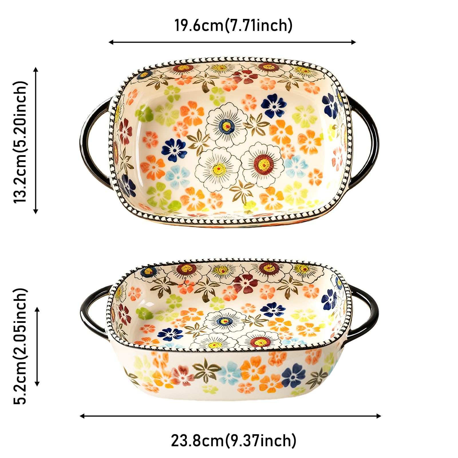 Teglia da forno in ceramica, 600 ml, rettangolare, 23,8 x 13,2 x 5,2 cm, con manici, per lasagne, casseruole, tiramisù, stampo da forno adatto per forno, microonde e lavastoviglie