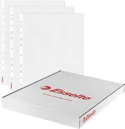 Esselte, Funda perforada multitaladro (16 taladros) , tamaño folio para proteger documentos en casa, oficina o en el colegio, caja de 100 unidades, PP (polipropileno) 100% reciclable, 65µ, 623896