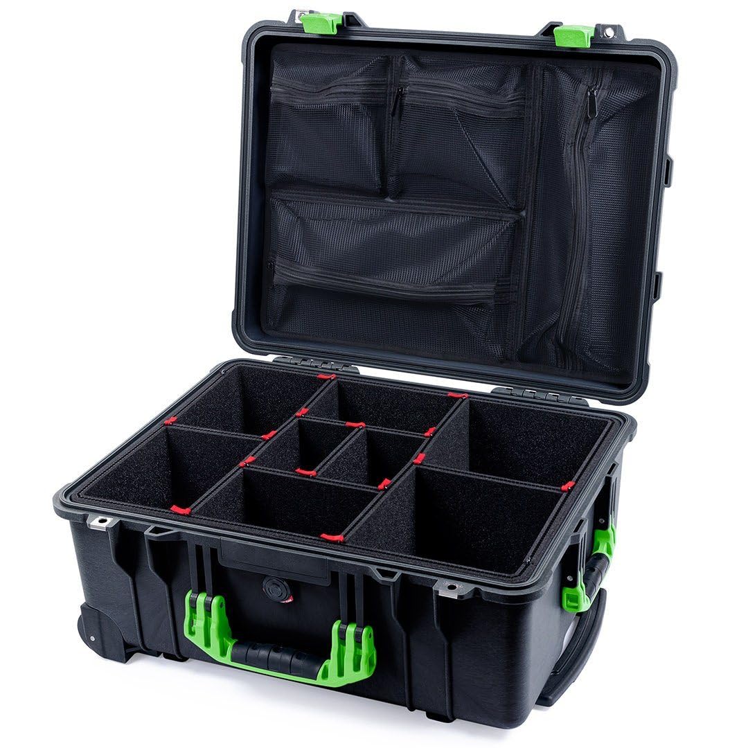 ColorCase Pelican Protector 1560 Case Black - Waterproof Case with TrekPak Divider System & Mesh Lid Organizer - Lime Green Handles & Latches