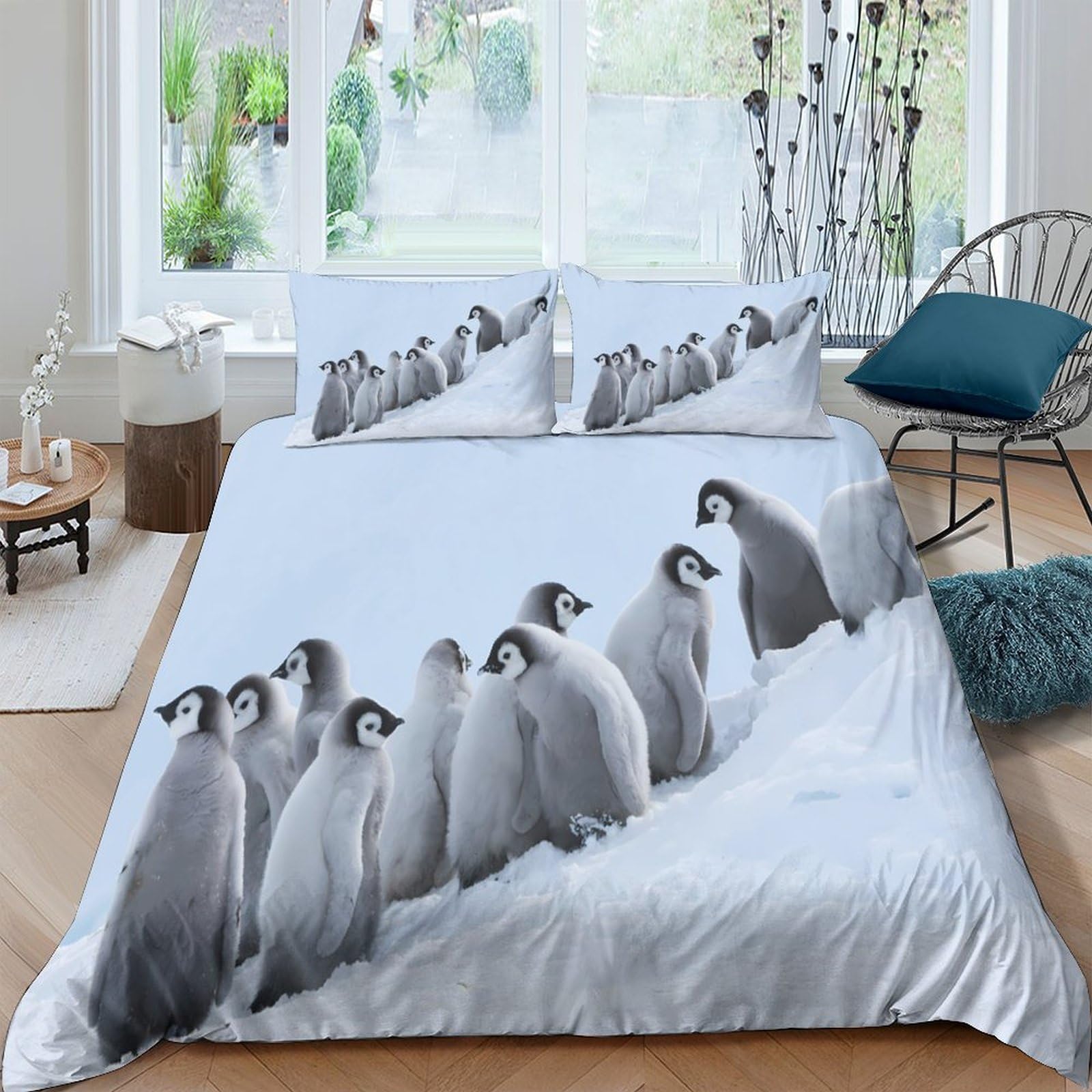 GPLZQXKJNH 3D Printed Baby Penguin Duvet Cover Microfiber Soft Breathable Snow Landscape Bedding Set with 2 Pillowcases for Bedroom Decor Single（135x200cm）