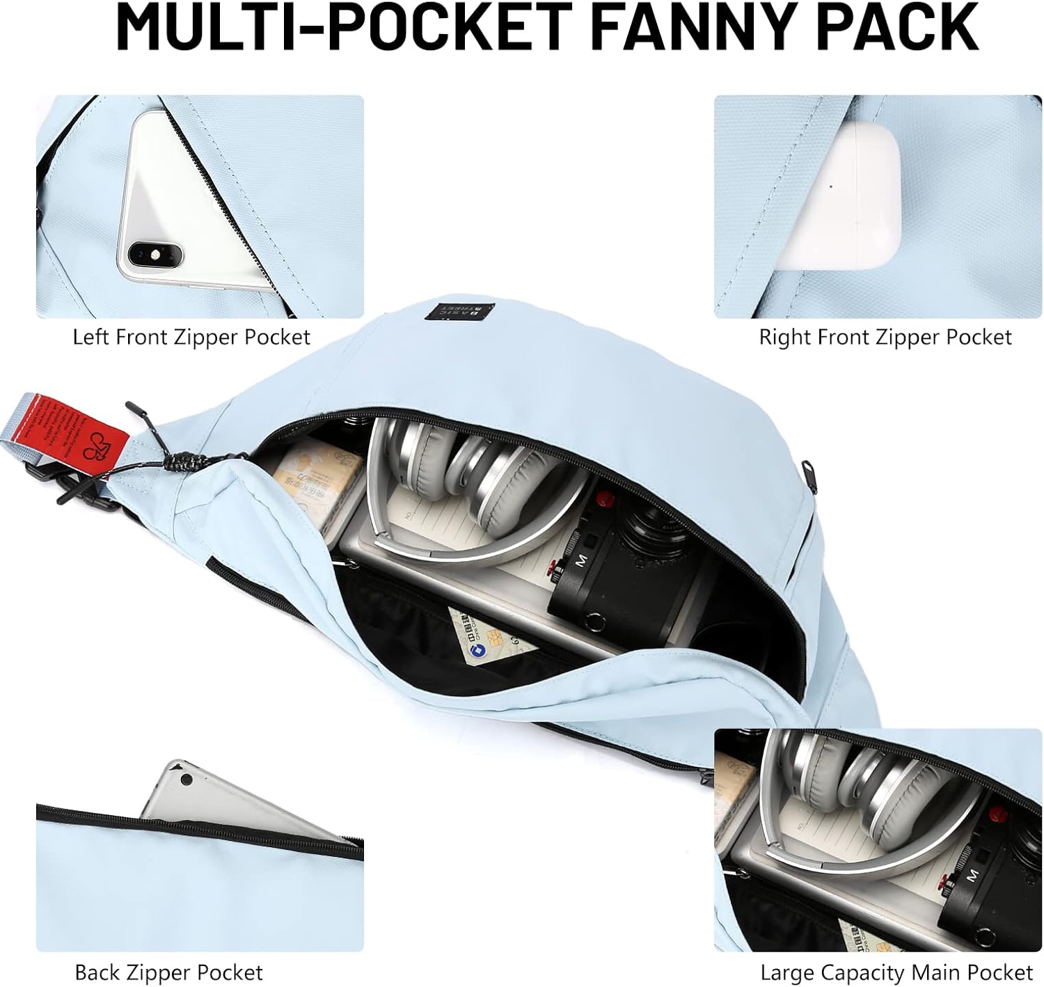 Large Crossbody Fanny Pack for Women Men,Water Resistant Waist Bag Pack with Adjustable Strap & 5-Zipper Pockets.Light Blue,Medium - Image 6