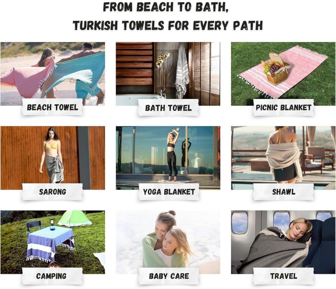 Turkish Peshtemal Beach Towels Cotton Set of 4 Large 40x70 Inch - Soft Lightweight Quick-Drying Absorbent - Versatile for Beach Pool Spa Picnic Travel or Bath Use - Turkish Towels Yellow