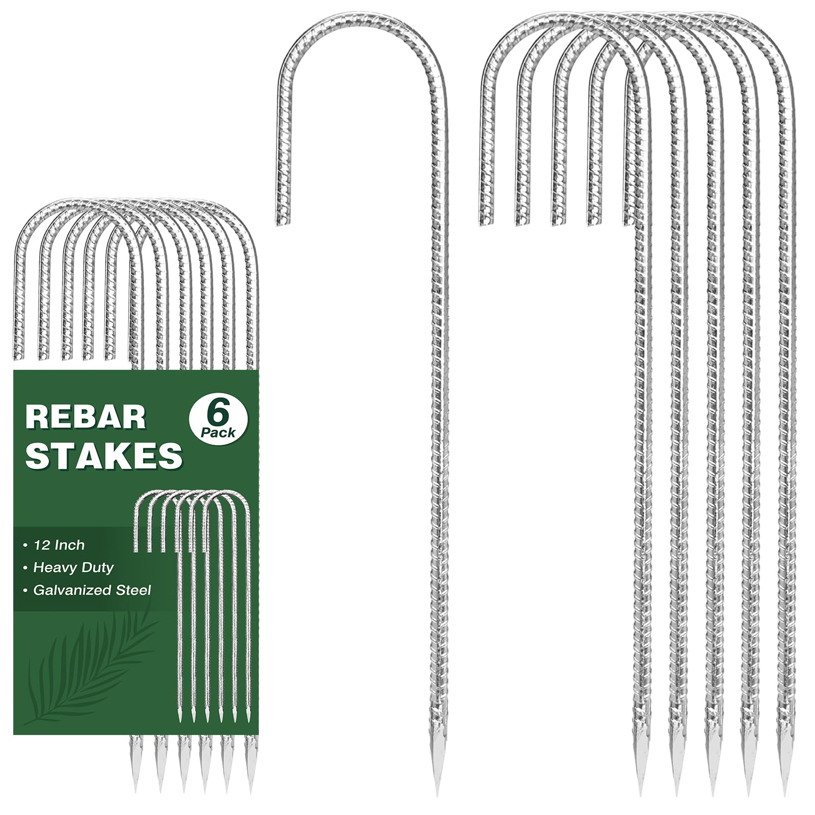 CEWOR 6 Pack 12 Inch Rebar Stakes, J Hook Tent Stakes Heavy Duty Long Galvanized Ground Anchors Metal Spikes Landscape Yard Stakes for Signs, Trampoline, Chain Link Fence, Outdoor Decoration