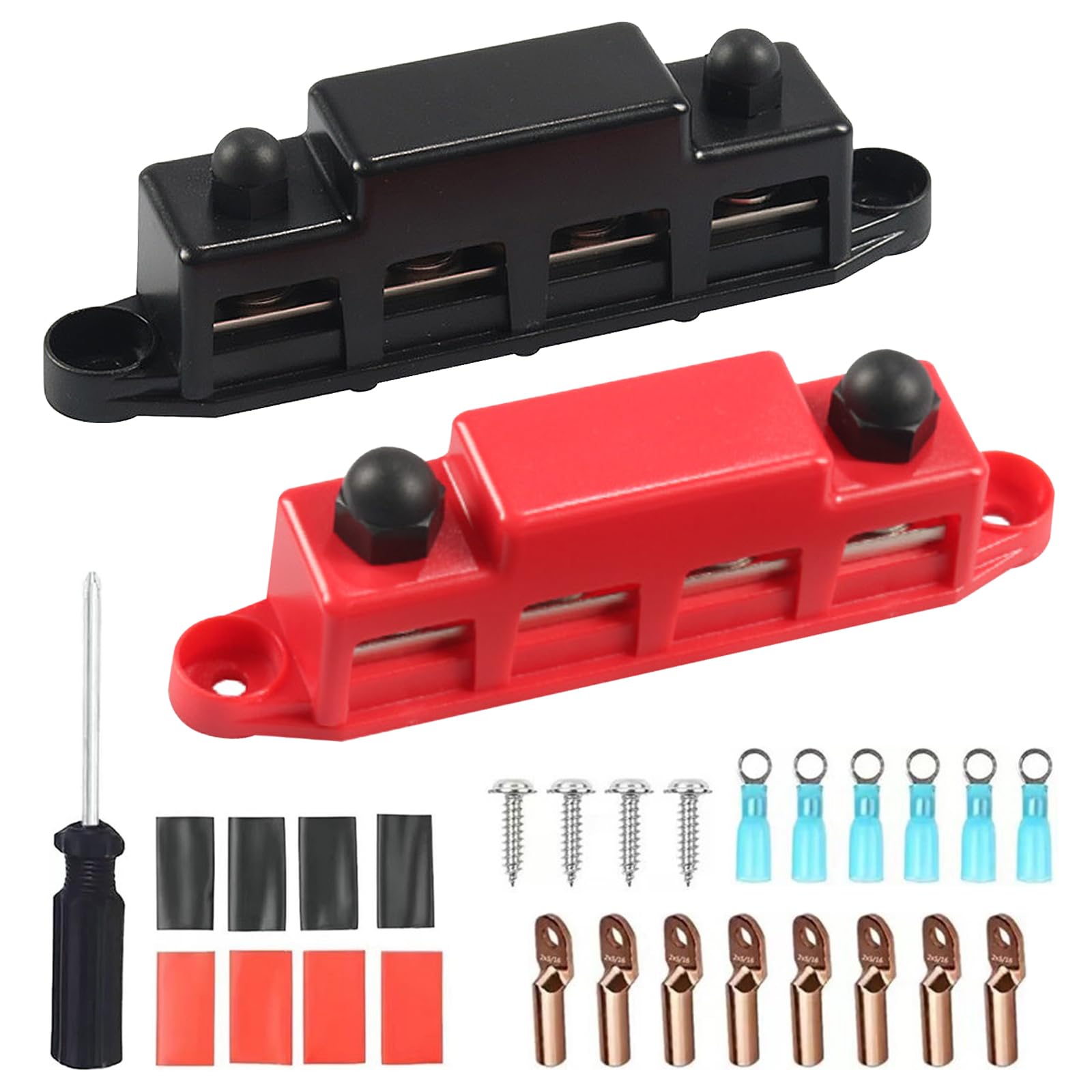 Produktbild von 2x DC Sammelschienen-Verteilerblock 12–48V, 250A – Mit 4 M8-Bolzen, ABS, Für Wohnmobil, Boot, Auto (rot + Schwarz)