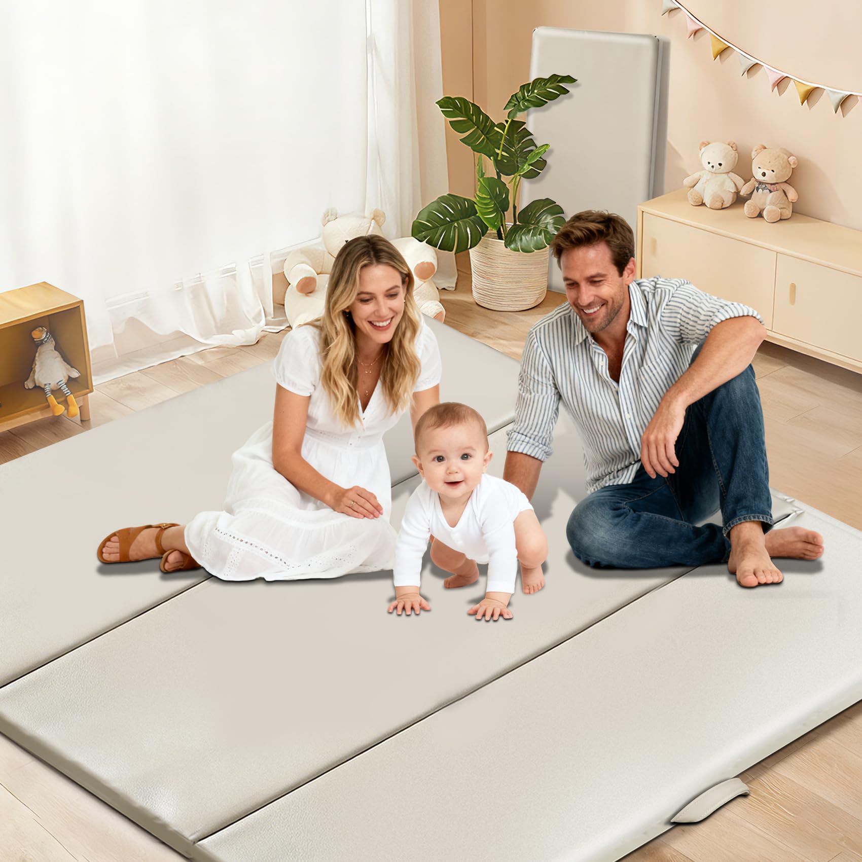 Baby-Spielmatte aus PU-Leder, 3,6 cm dick, faltbar, wasserdicht, 79 × 79 cm, ungiftig, leicht zu reinigen, verdickter Schaumstoff gepolstert, perfekt für Bauchzeit & Krabbeln, Babys und Kleinkinder