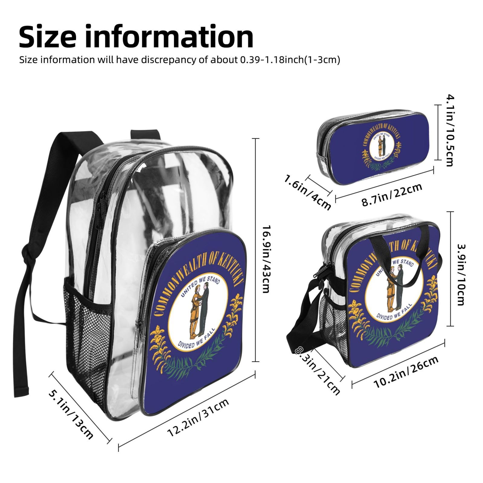 Flaga stanu Kentucky nadruk unisex przezroczysty plecak zestaw 3-częściowy przezroczysty lunch piórnik podróżny na zewnątrz