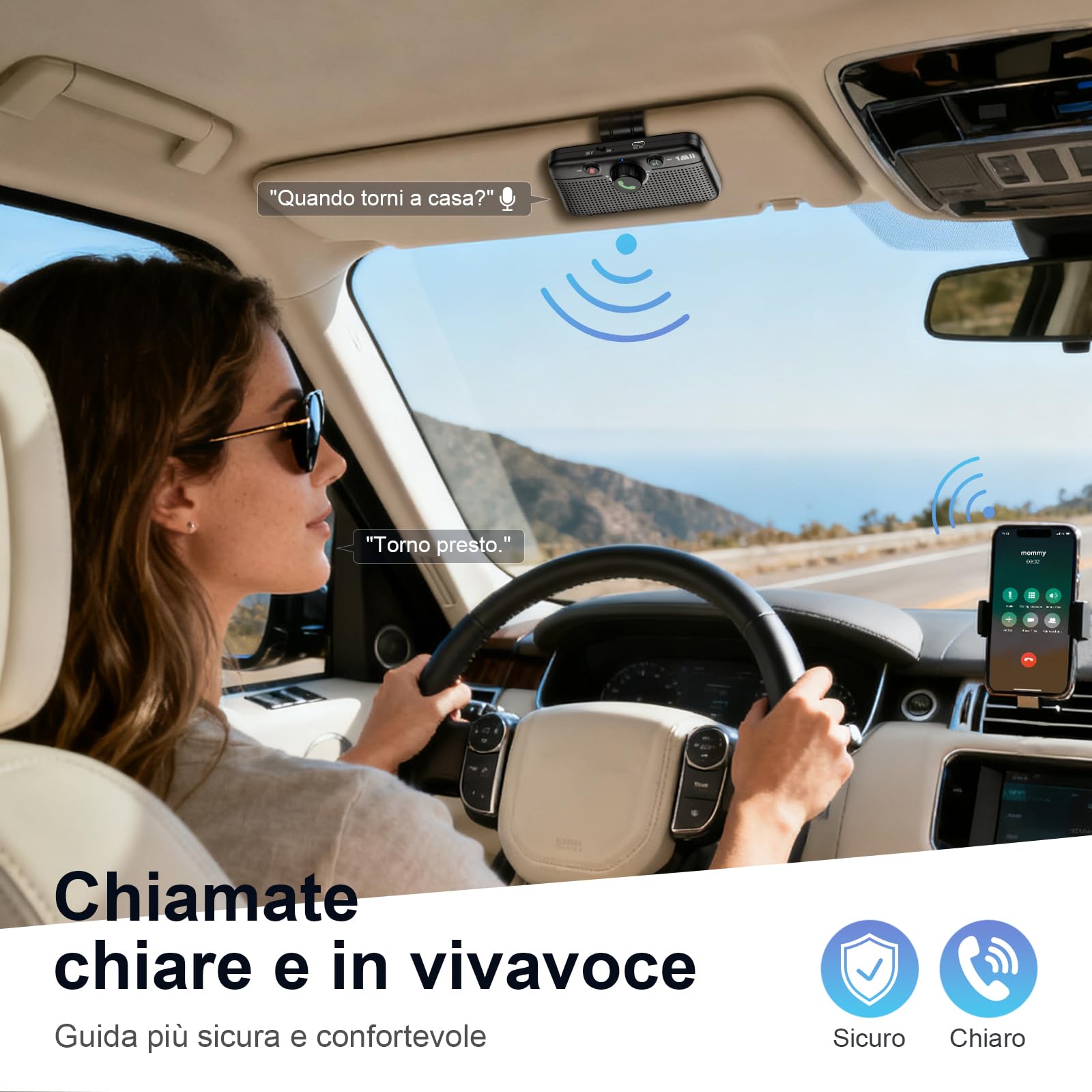 1Mii Kit Vivavoce per Auto Bluetooth 6.0 con Siri Assistente Comandi Vocali di Google Altoparlante, per Chiamate Viva Voce, GPS, Connessione Automatica, Altoparlante da 5W, Connettività Dual Link