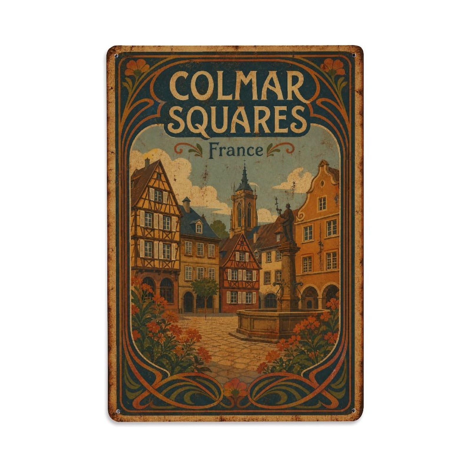 Gead 8X12inch Style Vintage Travel Colmar France Squares Metal Tin Sign