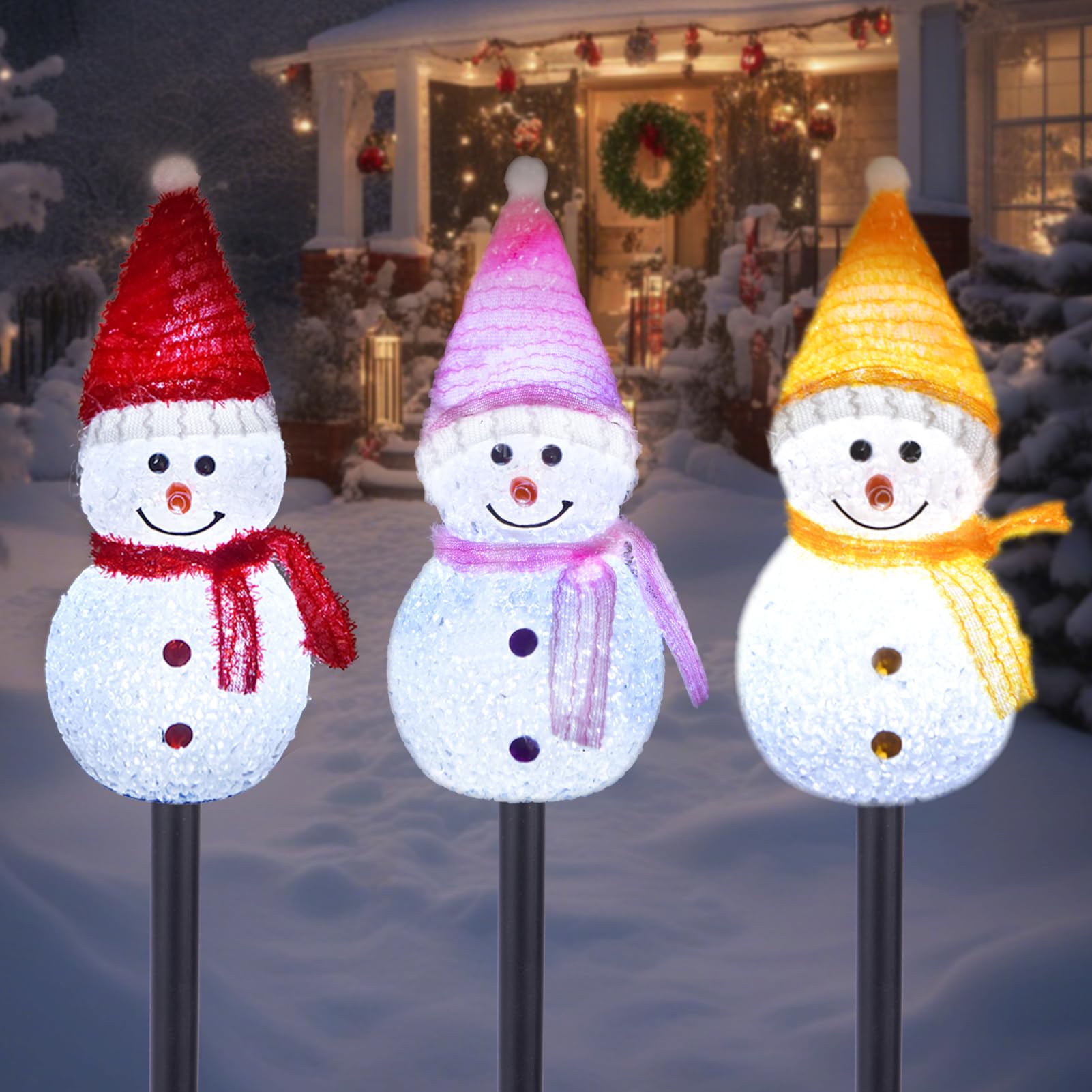 Luces solares de Navidad para decoración al aire libre, juego de 3 luces LED de estaca de muñeco de nieve, luz de paisaje impermeable para patio de invierno, jardín, decoraciones solares de
