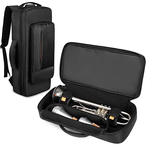 Trumpet Case Backpack, Musical Instrument Storage Carrying Bags with Thick Cotton Liner, Separate Pocket for 2 Mutes, 2 Carrying Ways, Black