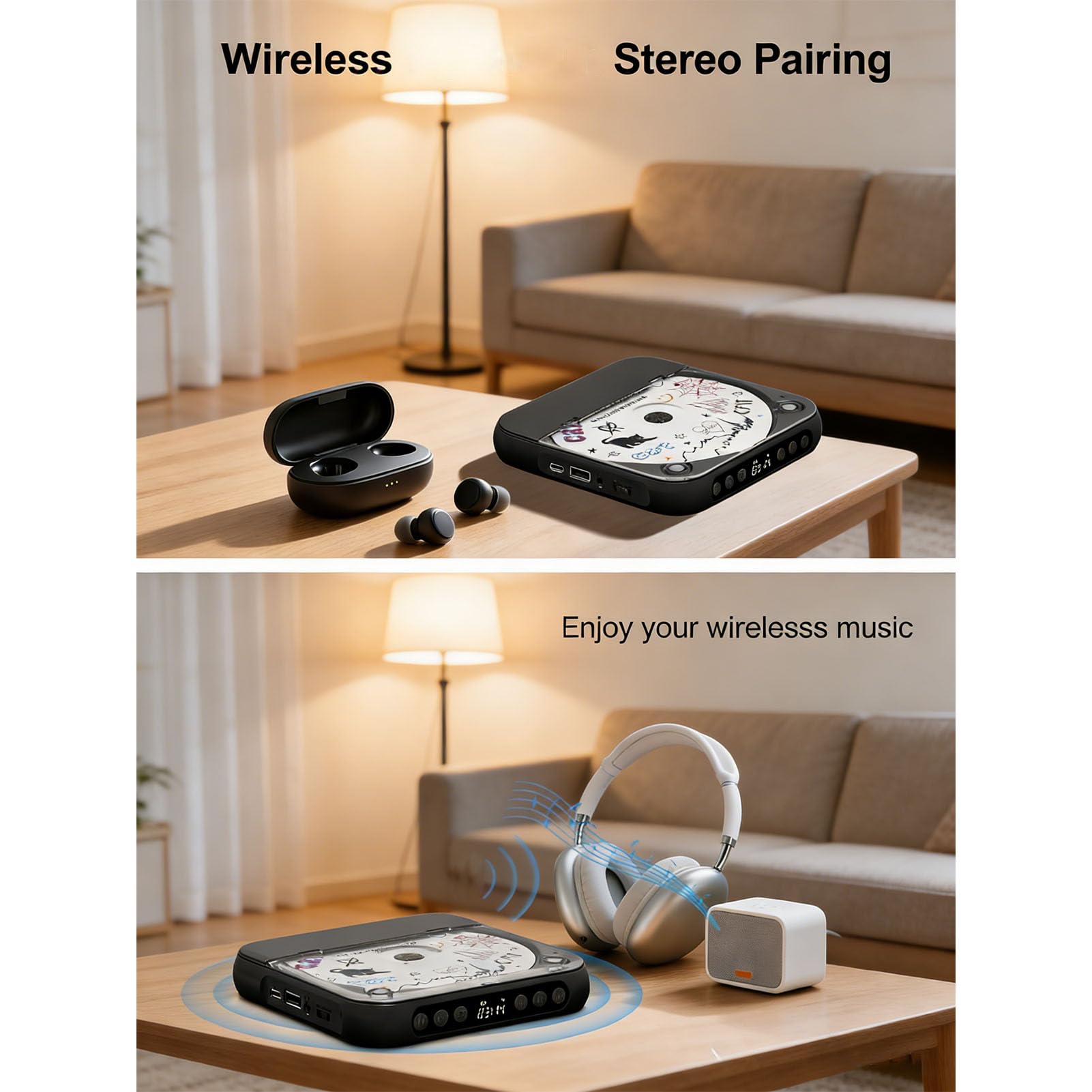 Fockety Lettore CD portatile per casa e auto, 13,5 x 13,5 x 2, cm, in ABS (BLACK)