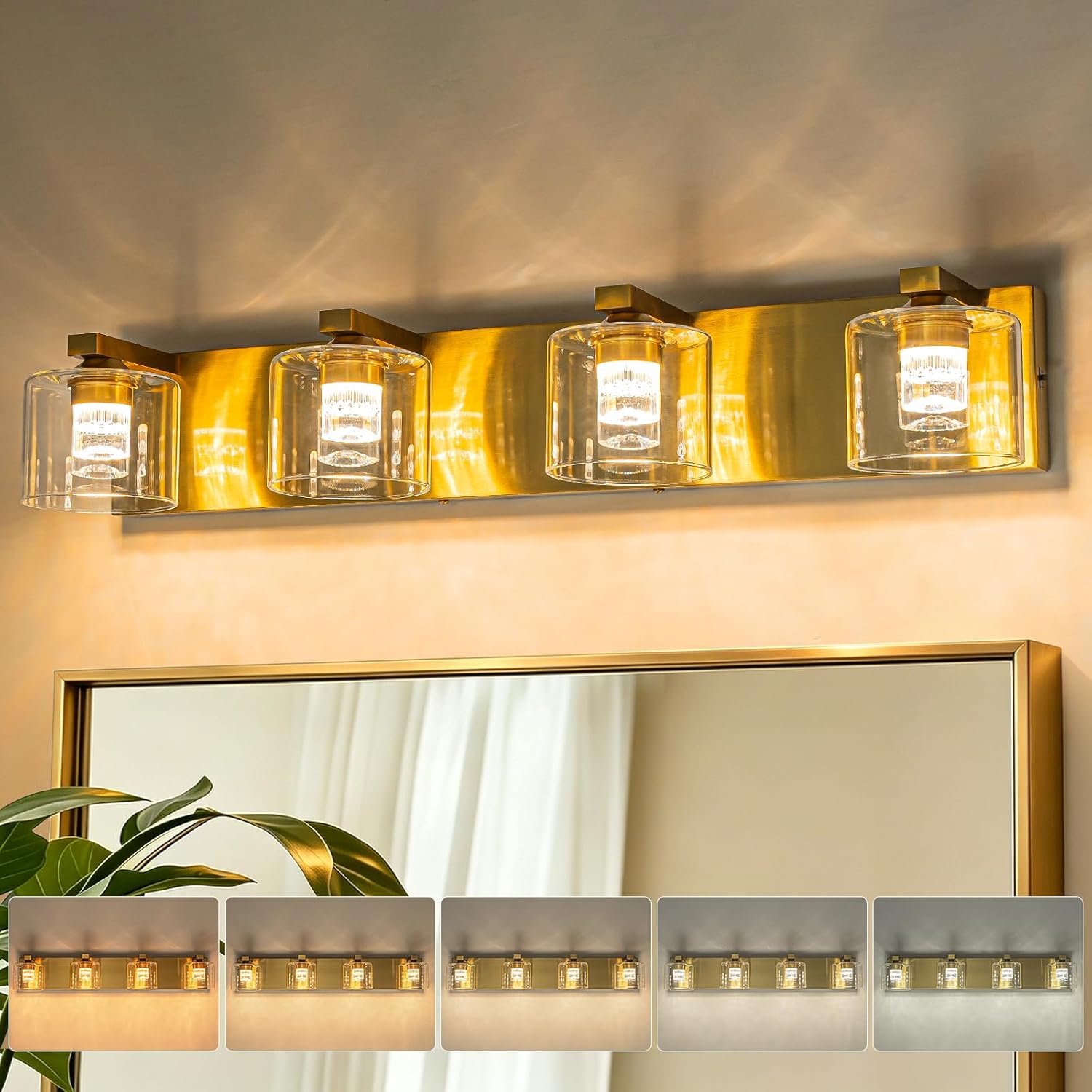 LED Bathroom Vanity Lights, 5CCT Dimmable 2700K-4500K Vanity Light Fixtures Over Mirror, Modern Vanity Lighting for Bathroom Restroom Hallway Living Room (Brass, 4-Light)