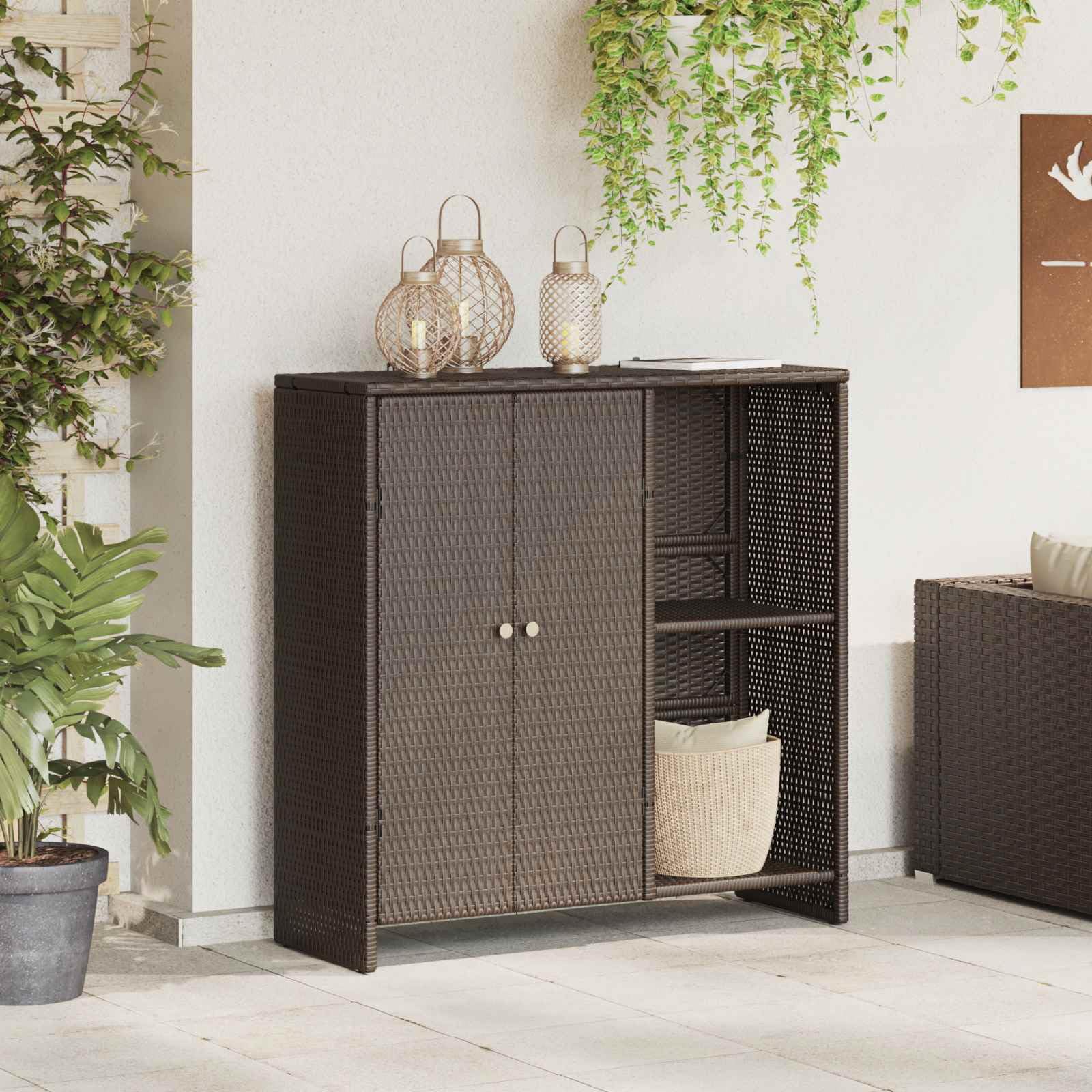 Armario de almacenamiento de 100 cm con estantes y puertas de ratán para pasillo