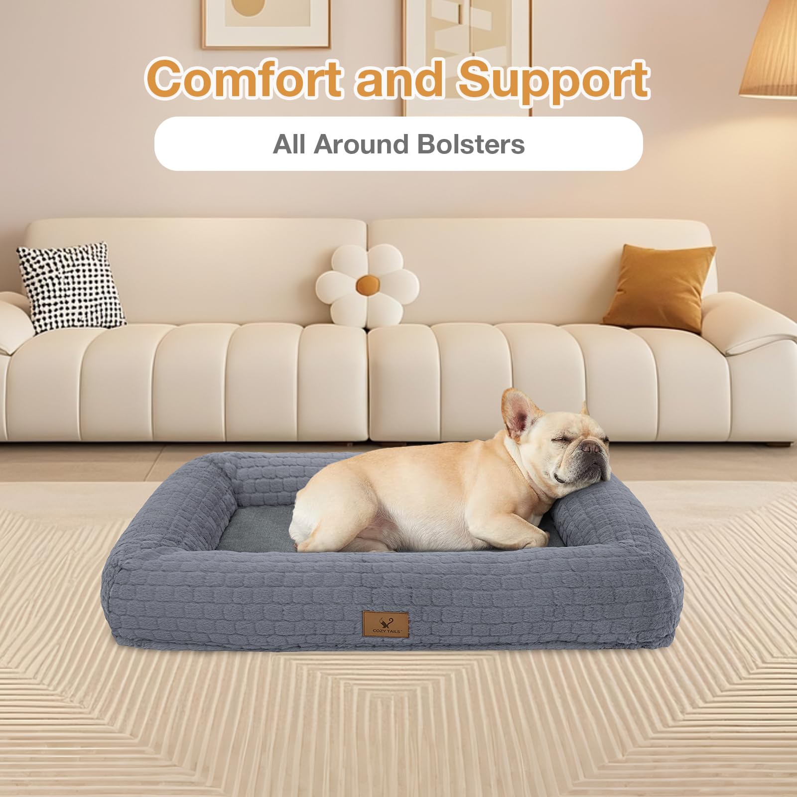 Plush Orthopedic Dog Bed for Medium Large Dogs, Memory Foam Bolster Sofa Bed with Removable Washable Cover, Waterproof Lining & Non-Slip Bottom (Grey-S) - image 7