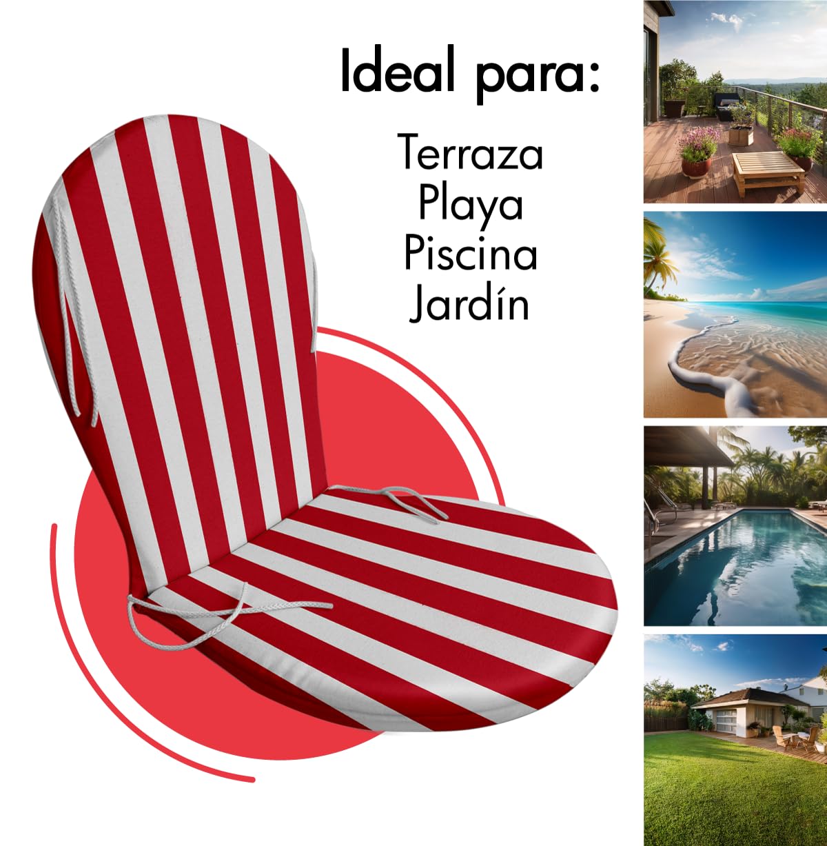 CHELY INTERMARKET Cojines Guitarra Exterior Packs 90x48x4cm Algodón Poliéster Cremallera Cordones Ajuste Universal Suave Jardín Terraza Playa Piscina Comodidad (Rojo Blanco Raya, Pack x2)