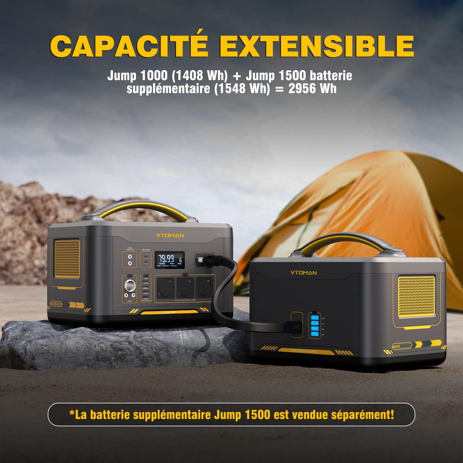 Station électrique Portable VTOMAN 828Wh - 1000W (pic 2000W), Batterie LiFePO4 Extensible - Charge Rapide 60 Min, Solaire, Pour Camping, Maison, Voyages