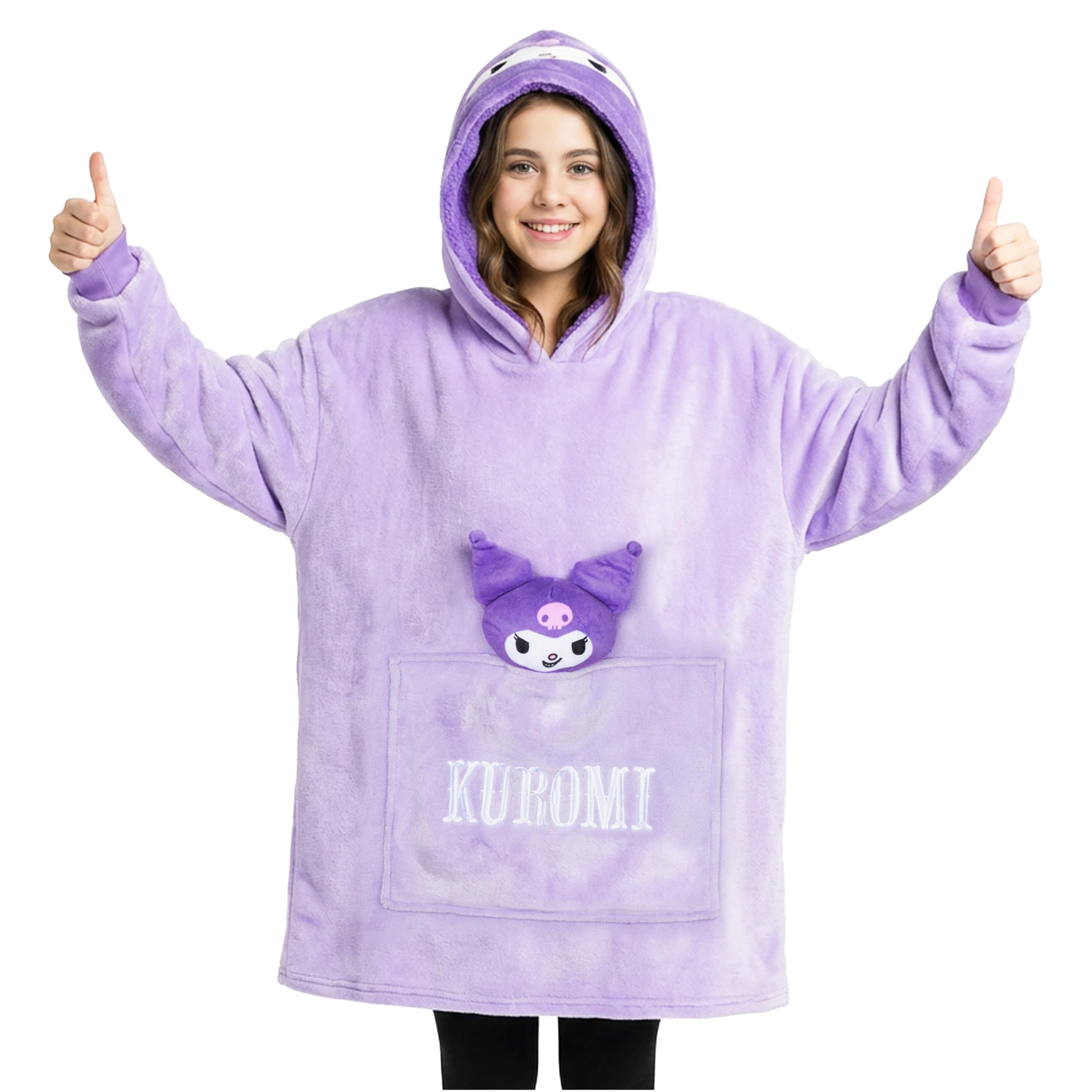 Hello Kitty Girls Purple Sanrio Kuromi Blanket Hoodie Kawaii Oversized Fleece Wearable Blanket Attached Plush Loungewear, Anime Gifts ( Kuromi)