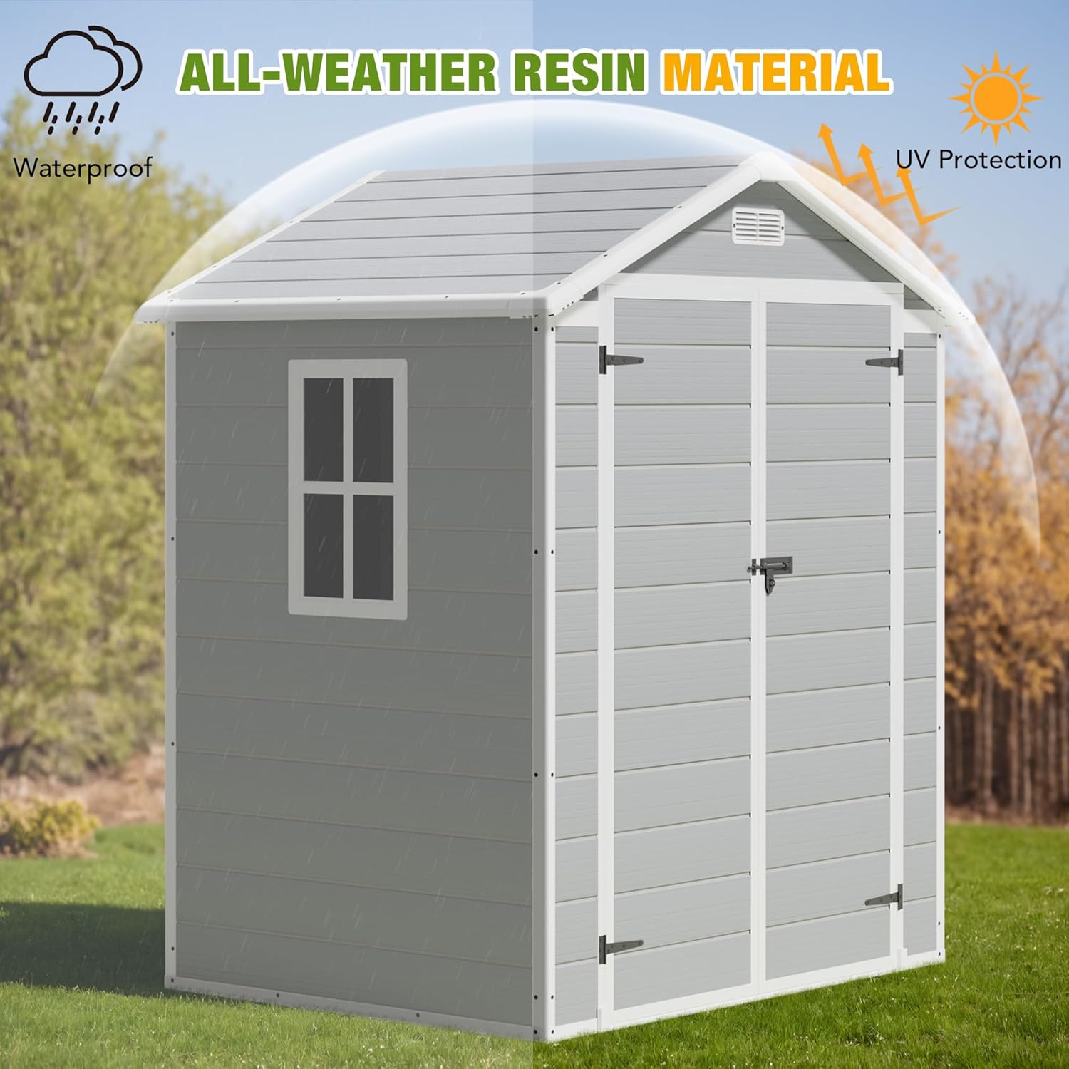 A graphic illustrating the all-weather resin material of the shed, highlighting its waterproof and UV protection features against a backdrop of sunny and rainy weather.