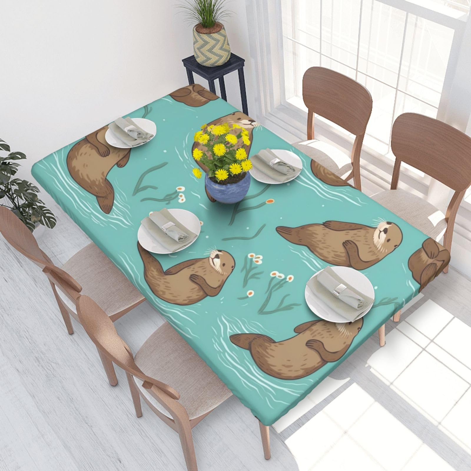 Otters In Love Waterproof Square Table Cover Elastic Fitted Tablecloth Oil Proof Table Protector For 4ft Table