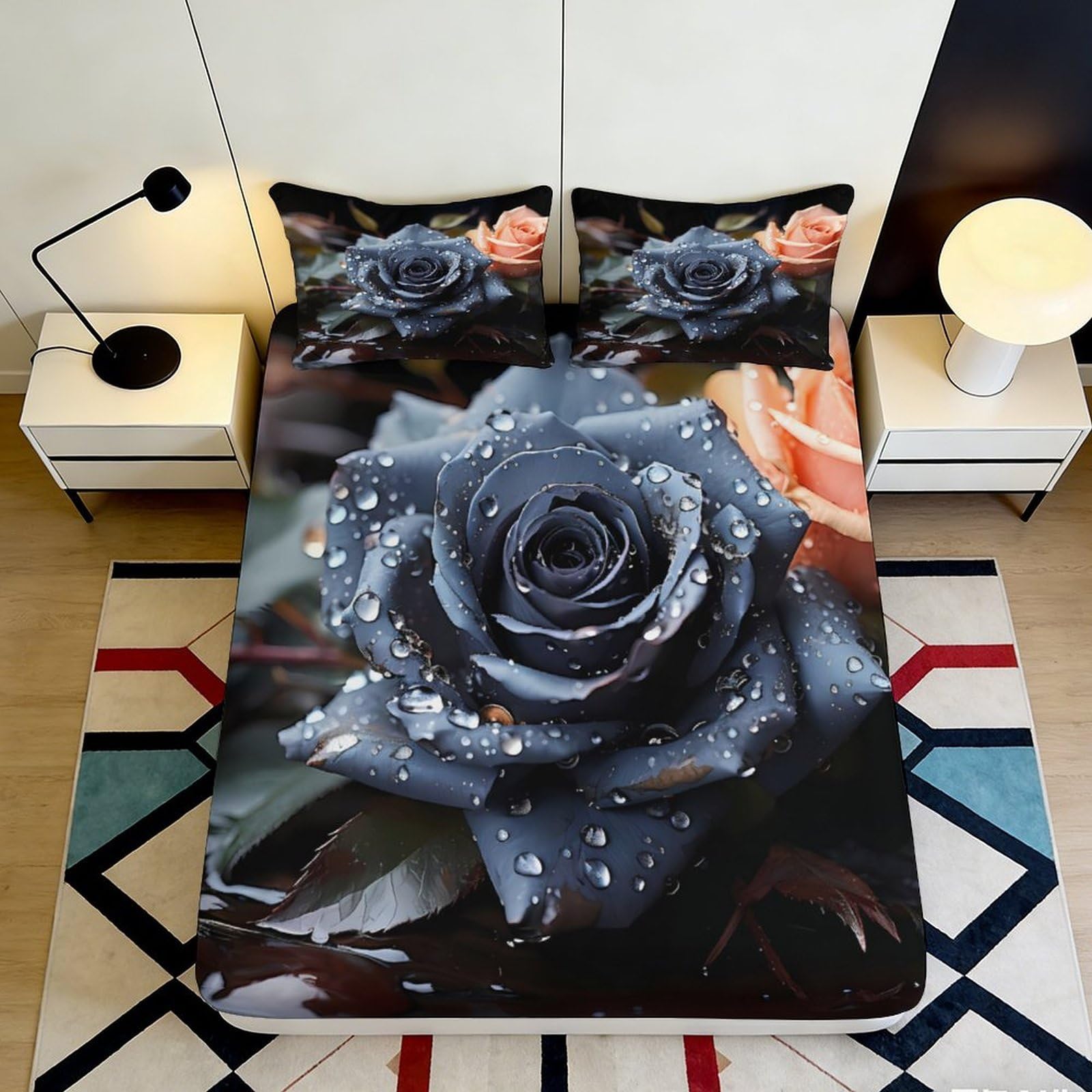 3D Printed Black Rose Fitted Sheet Microfiber Soft Peach Blossom Mattress Cover for Bedroom Decor Protection 90x200x25cm