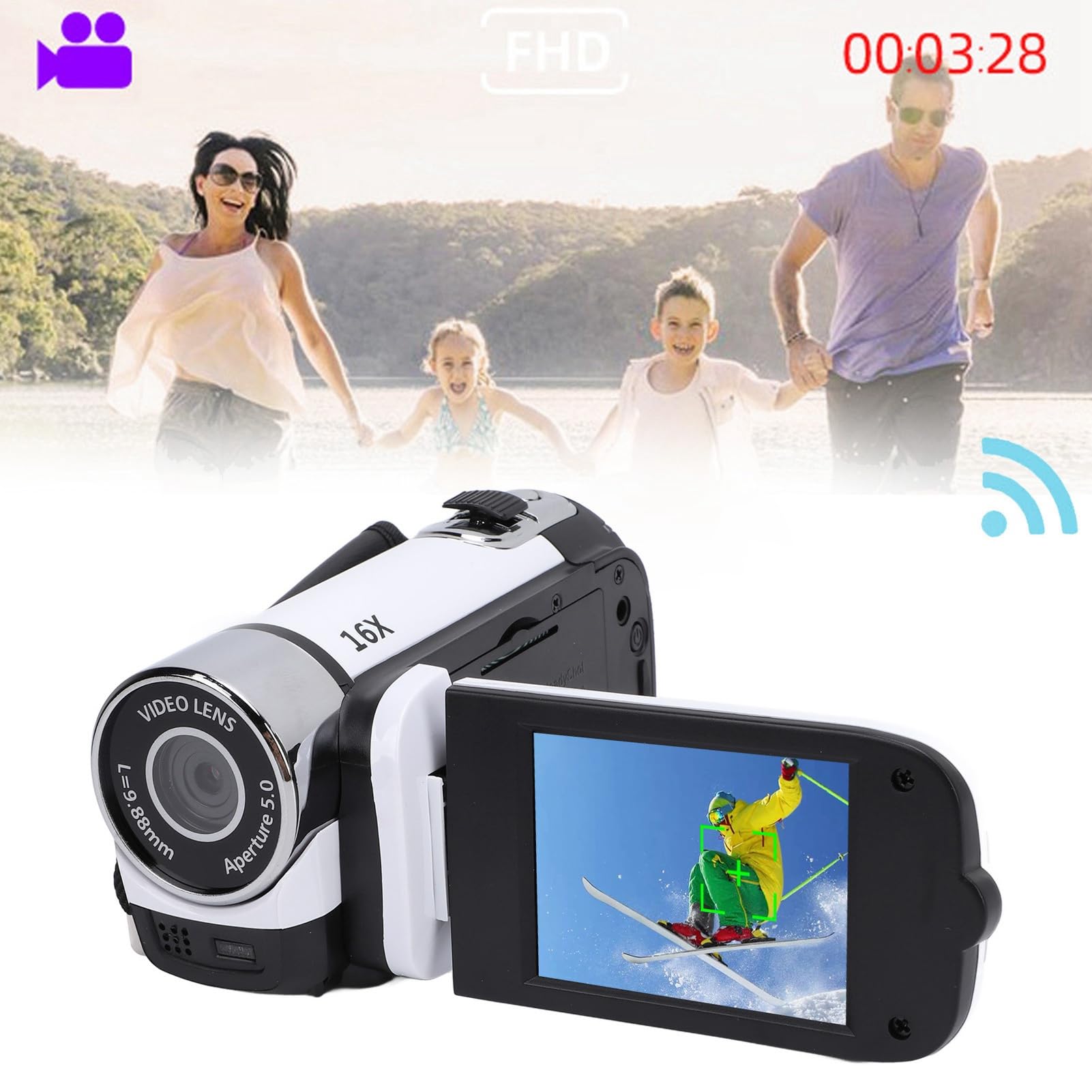 Asixxsix Videocamera con Zoom Digitale da 16 Pollici, Videocamera 1080P da 16 MP con Schermo da 2,4 Pollici con Luce di Riempimento, Uscita USB, Supporta Selfie e Microfono Esterno (WHITE)