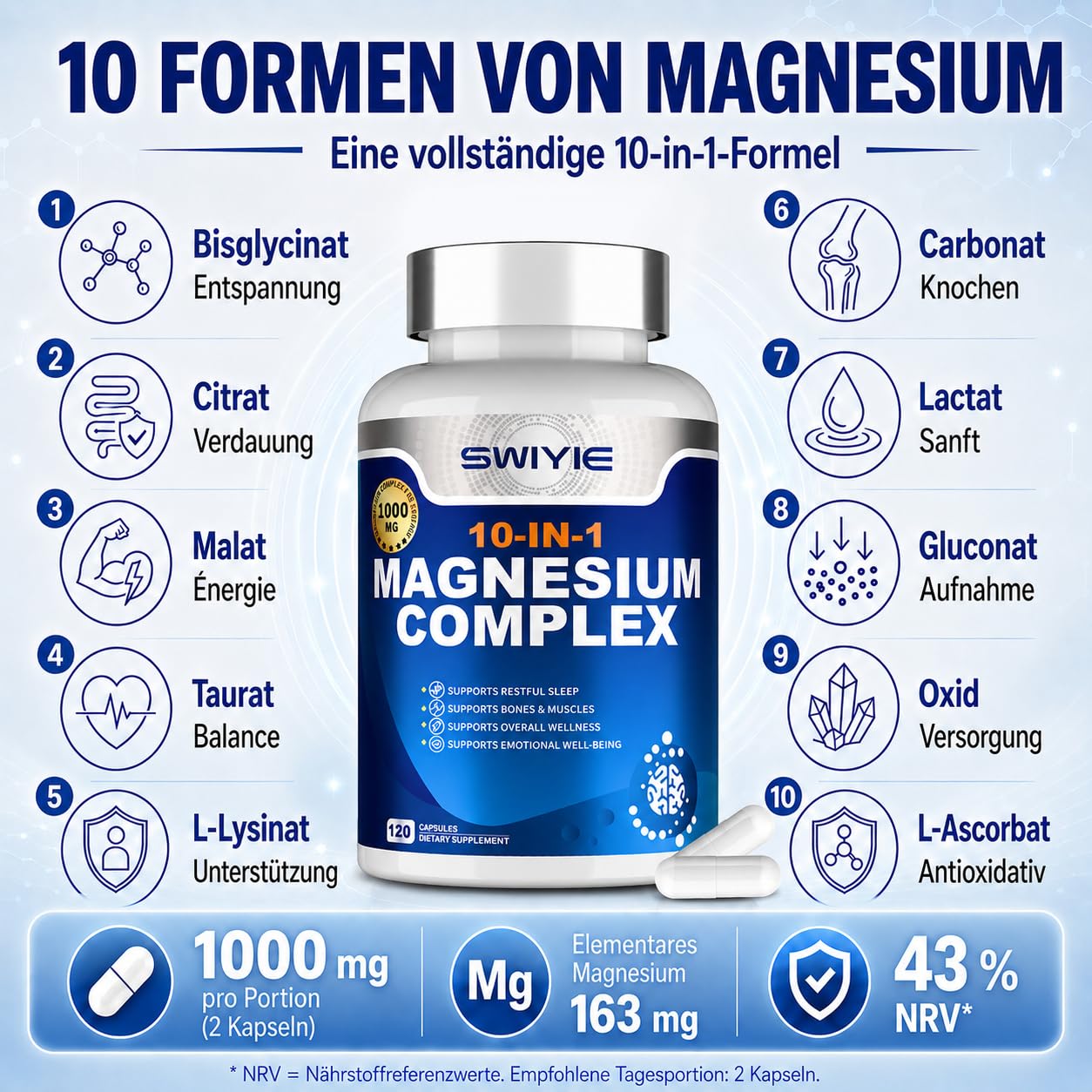 Magnesium-Komplex 10-in-1 | Mit Magnesiumbisglycinat, Citrat, Malat, Taurat, Oxid, Carbonat & mehr | 163 mg Magnesium pro Portion | Für Muskeln, Knochen, Nervensystem & Energiestoffwechsel